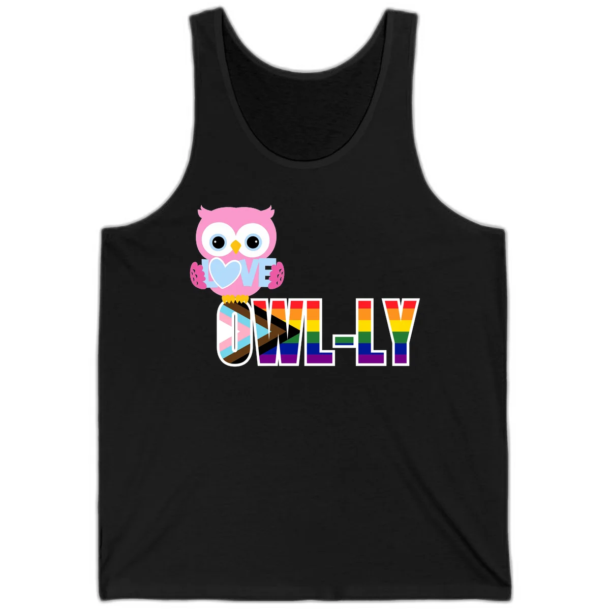 Pink owl holding a blue heart with 'OWELLY' text in rainbow pride flag colors in Black