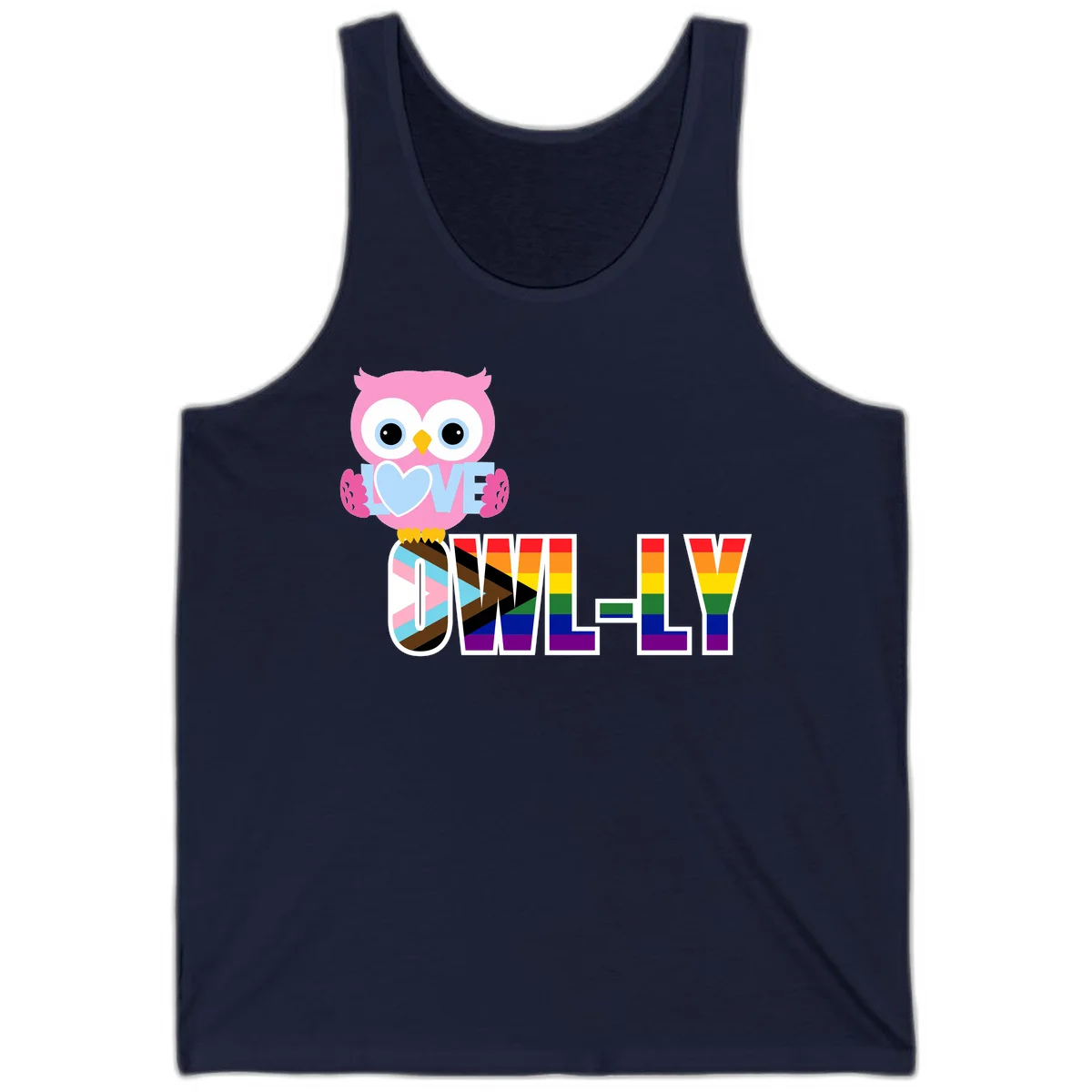 Pink owl holding a blue heart with 'OWELLY' text in rainbow pride flag colors in Navy
