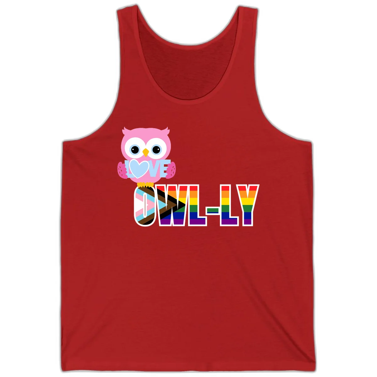 Pink owl holding a blue heart with 'OWELLY' text in rainbow pride flag colors in Red