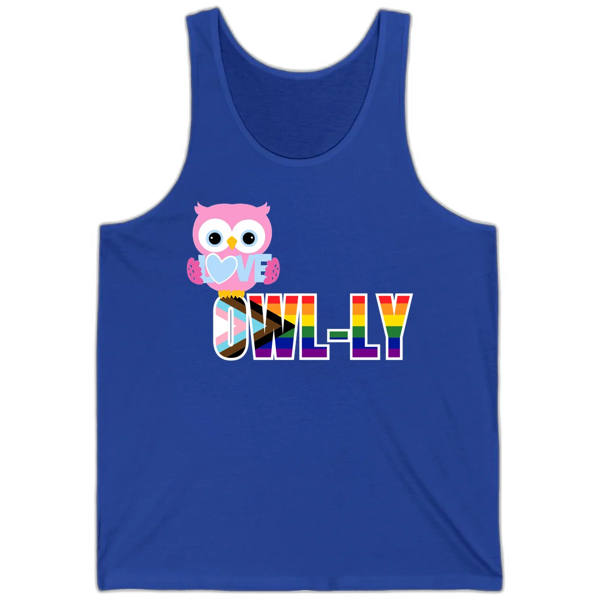 Pink owl holding a blue heart with 'OWELLY' text in rainbow pride flag colors in True Royal