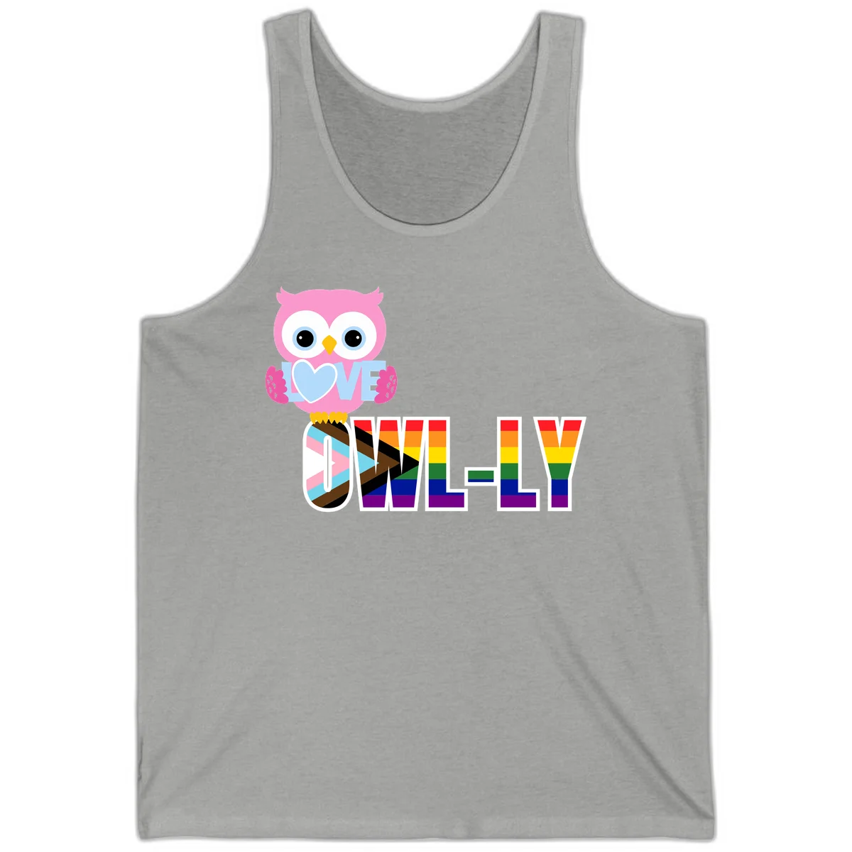 Pink owl holding a blue heart with 'OWELLY' text in rainbow pride flag colors in Athletic Heather
