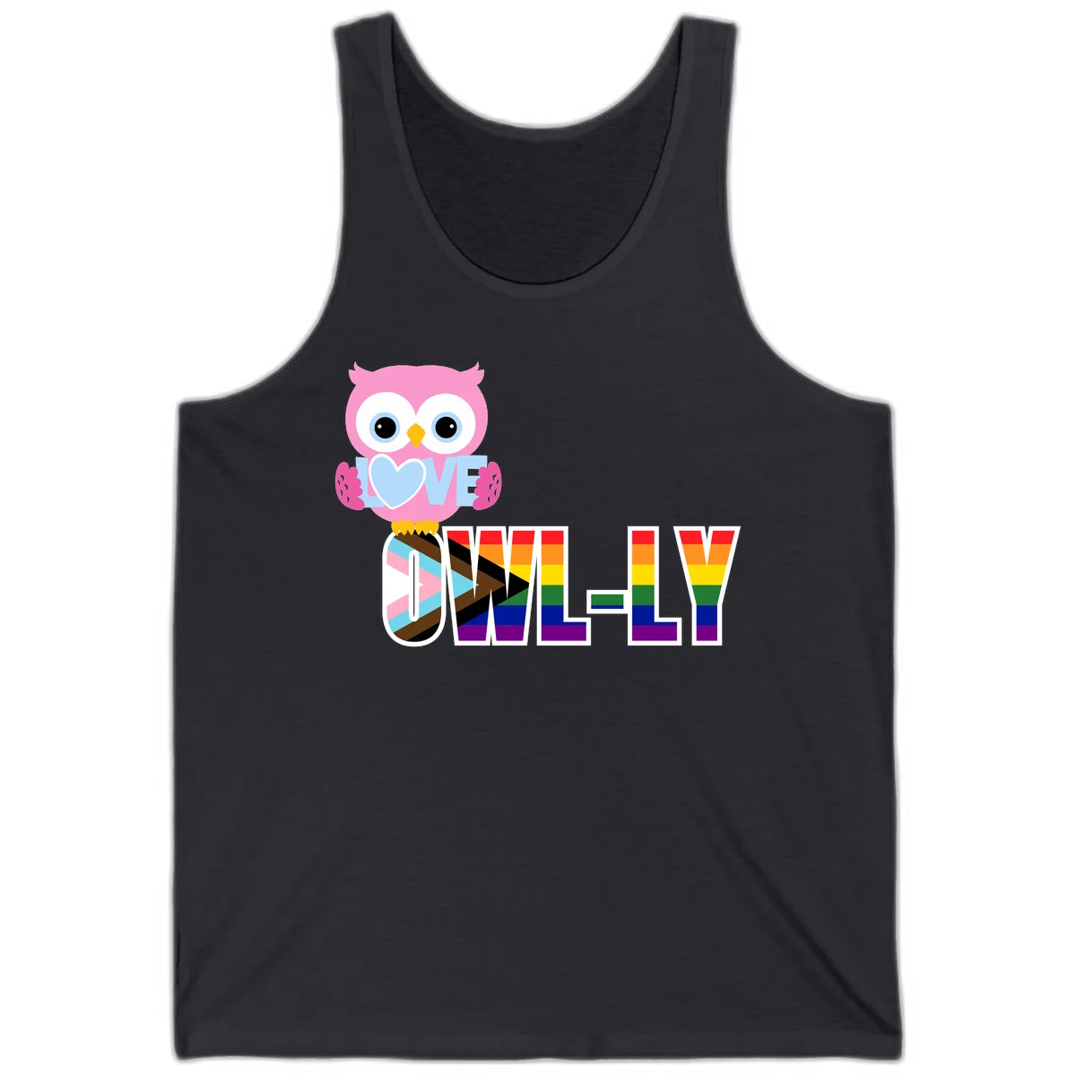 Pink owl holding a blue heart with 'OWELLY' text in rainbow pride flag colors in Dark Grey