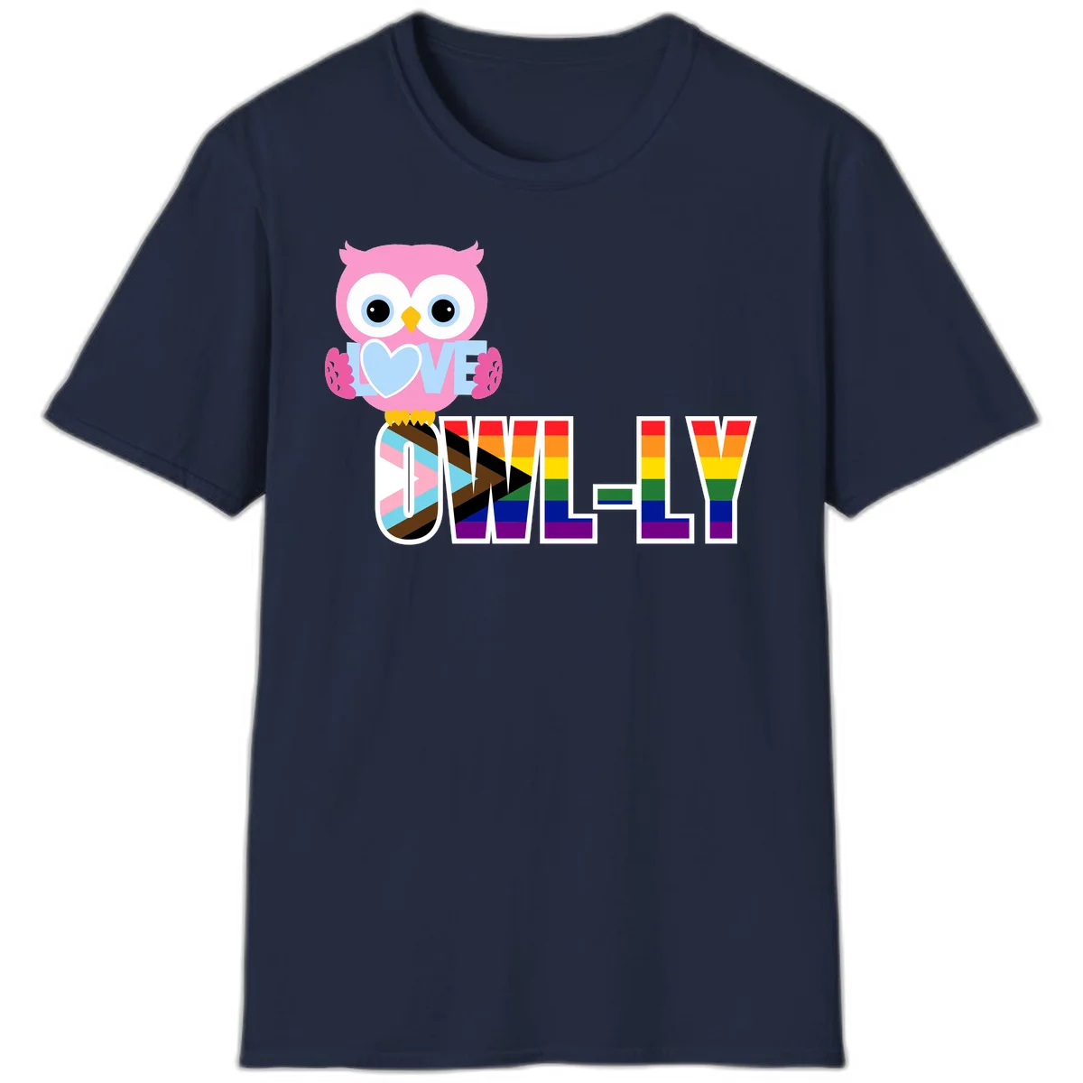 Pink owl holding a blue heart with 'OWELLY' text in rainbow pride flag colors in Navy