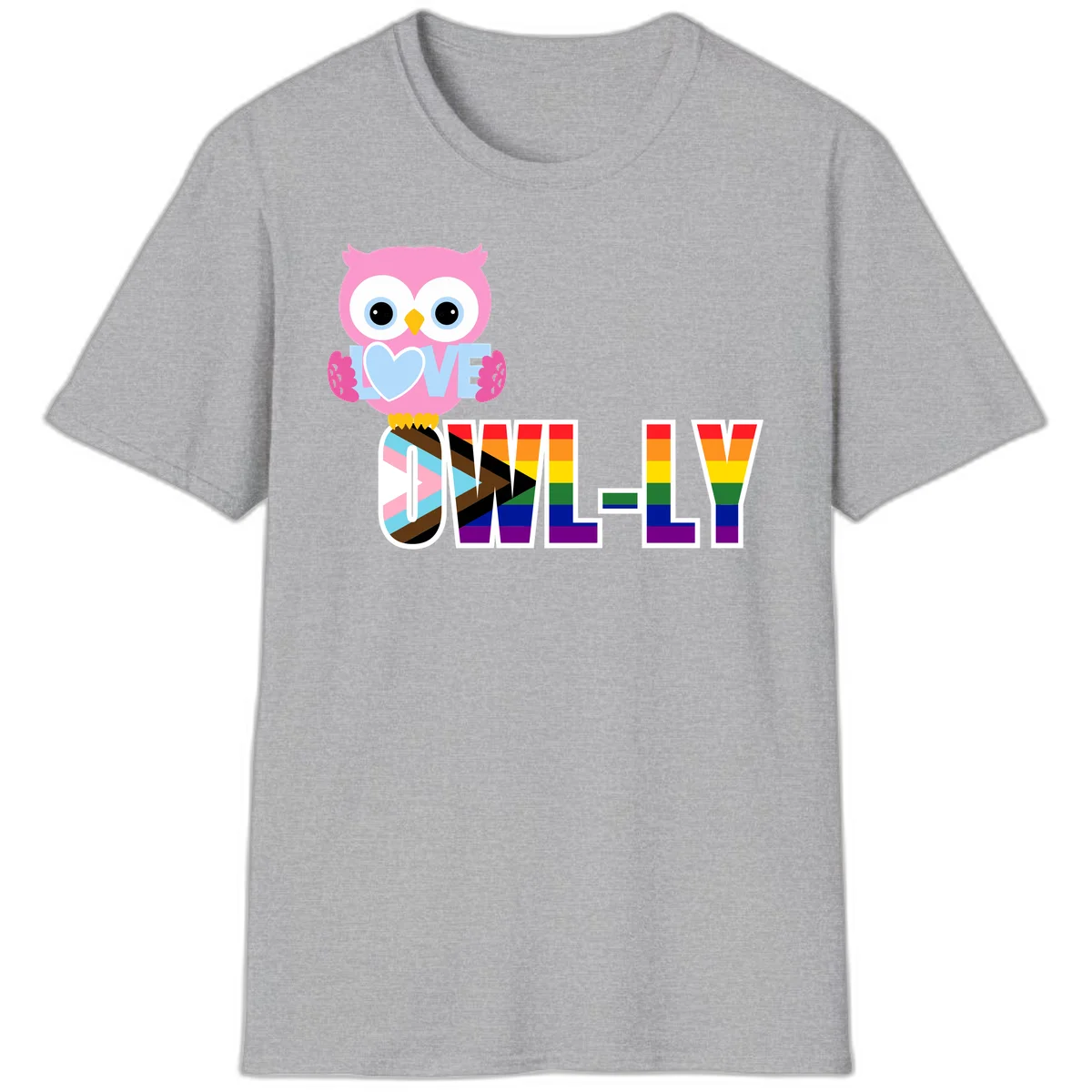 Pink owl holding a blue heart with 'OWELLY' text in rainbow pride flag colors in Sport Grey