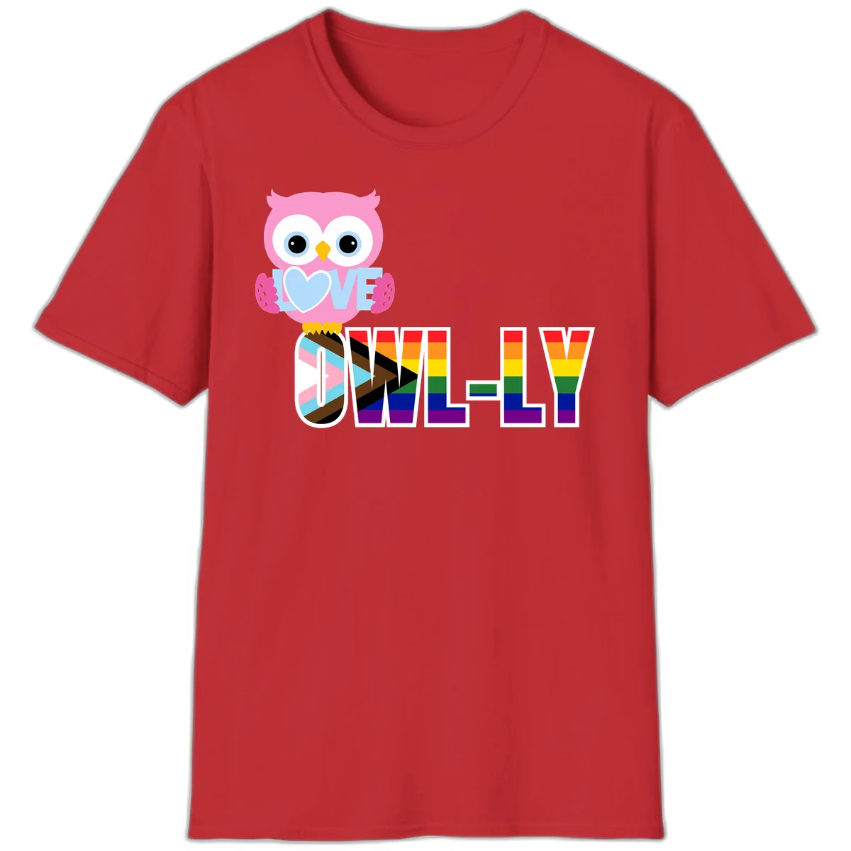 Pink owl holding a blue heart with 'OWELLY' text in rainbow pride flag colors in Red