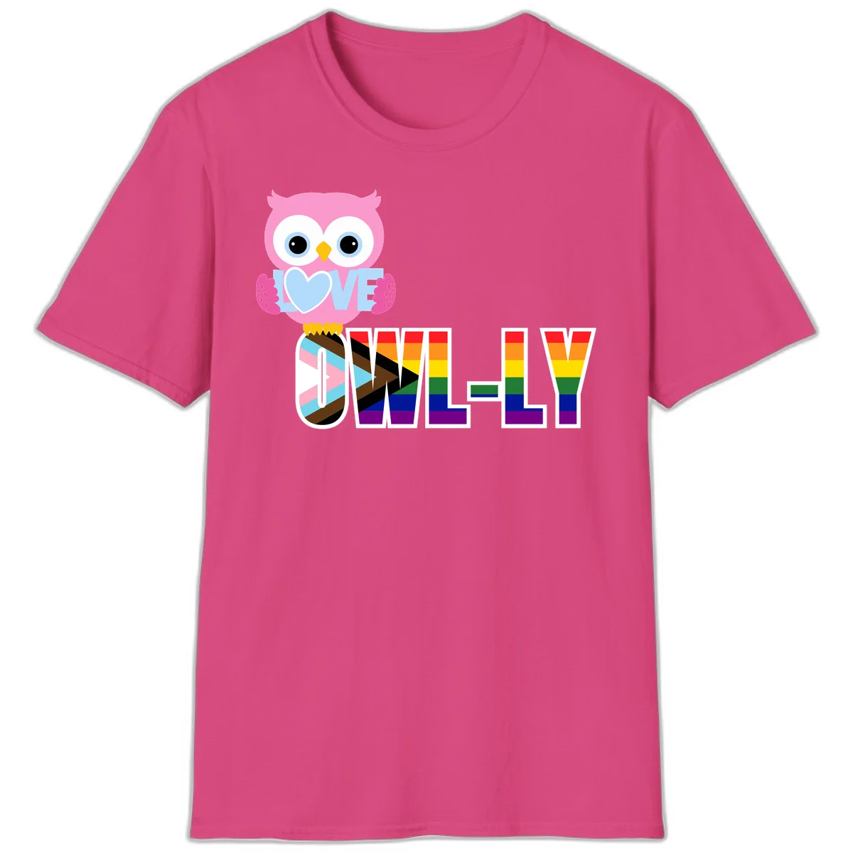 Pink owl holding a blue heart with 'OWELLY' text in rainbow pride flag colors in Heliconia