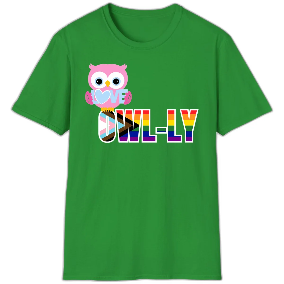 Pink owl holding a blue heart with 'OWELLY' text in rainbow pride flag colors in Irish Green