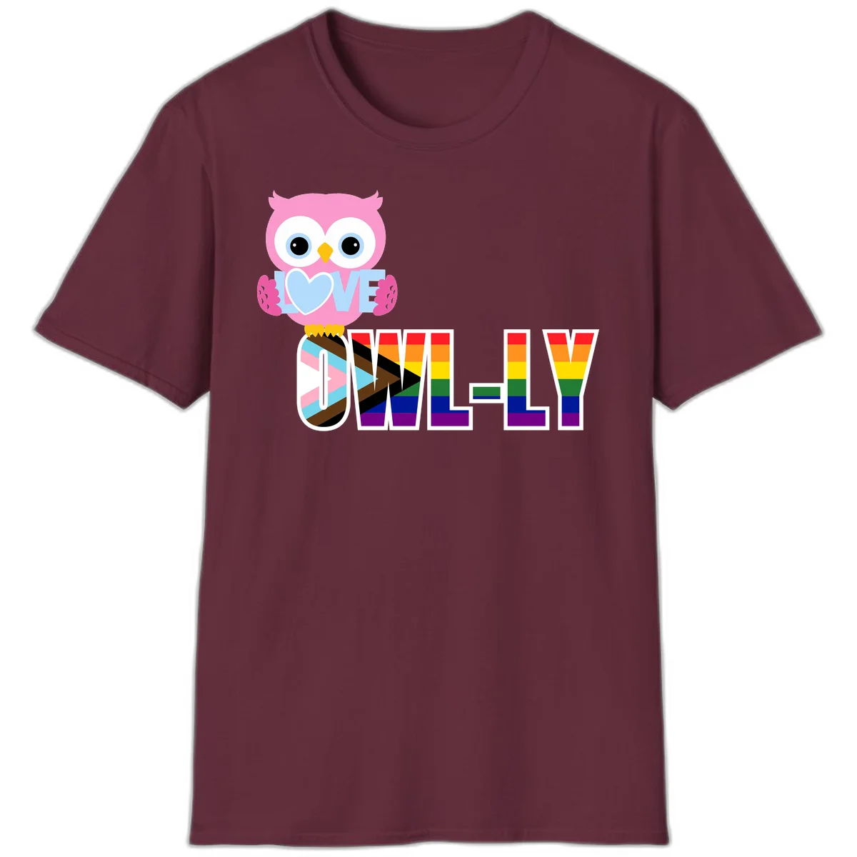 Pink owl holding a blue heart with 'OWELLY' text in rainbow pride flag colors in Maroon
