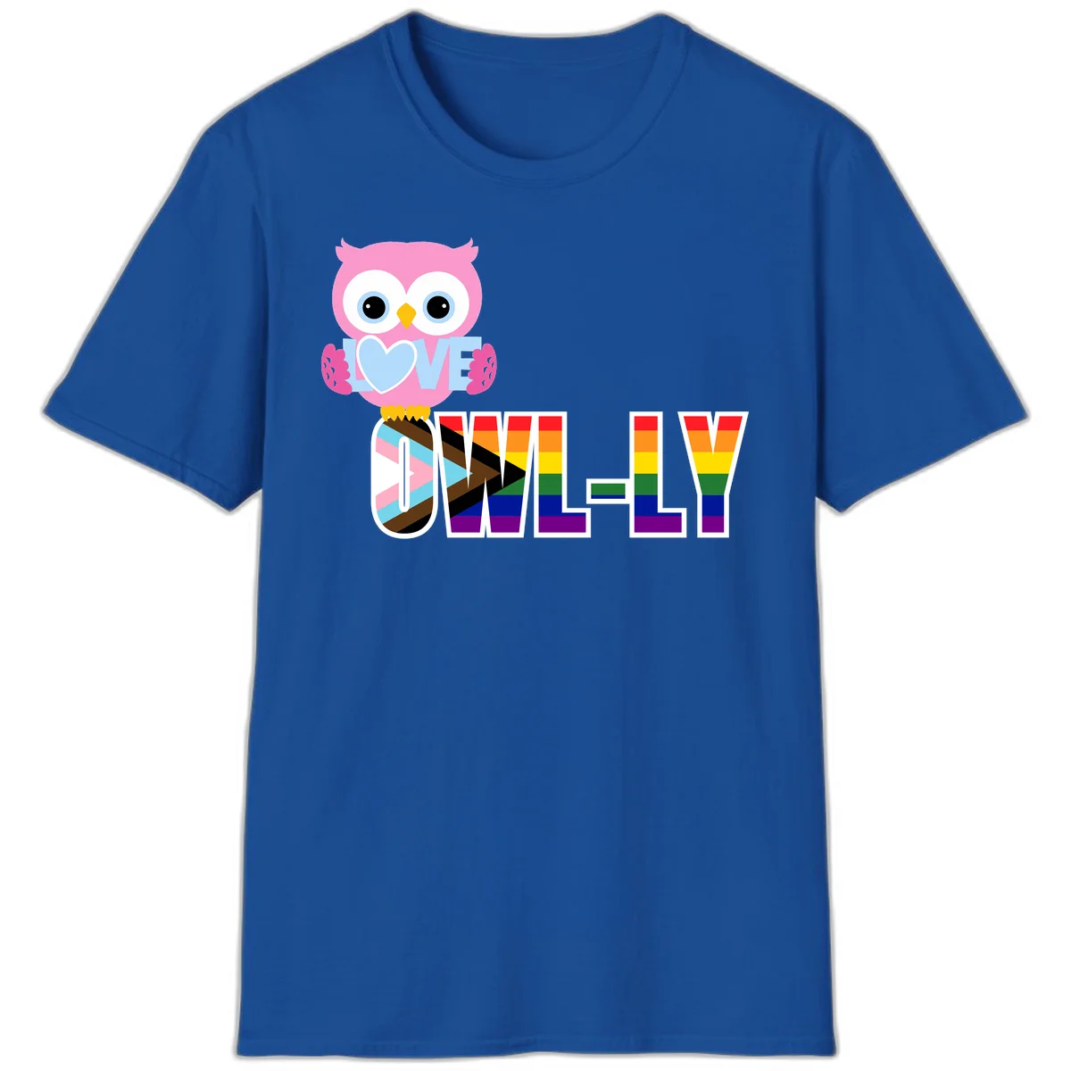 Pink owl holding a blue heart with 'OWELLY' text in rainbow pride flag colors in Royal