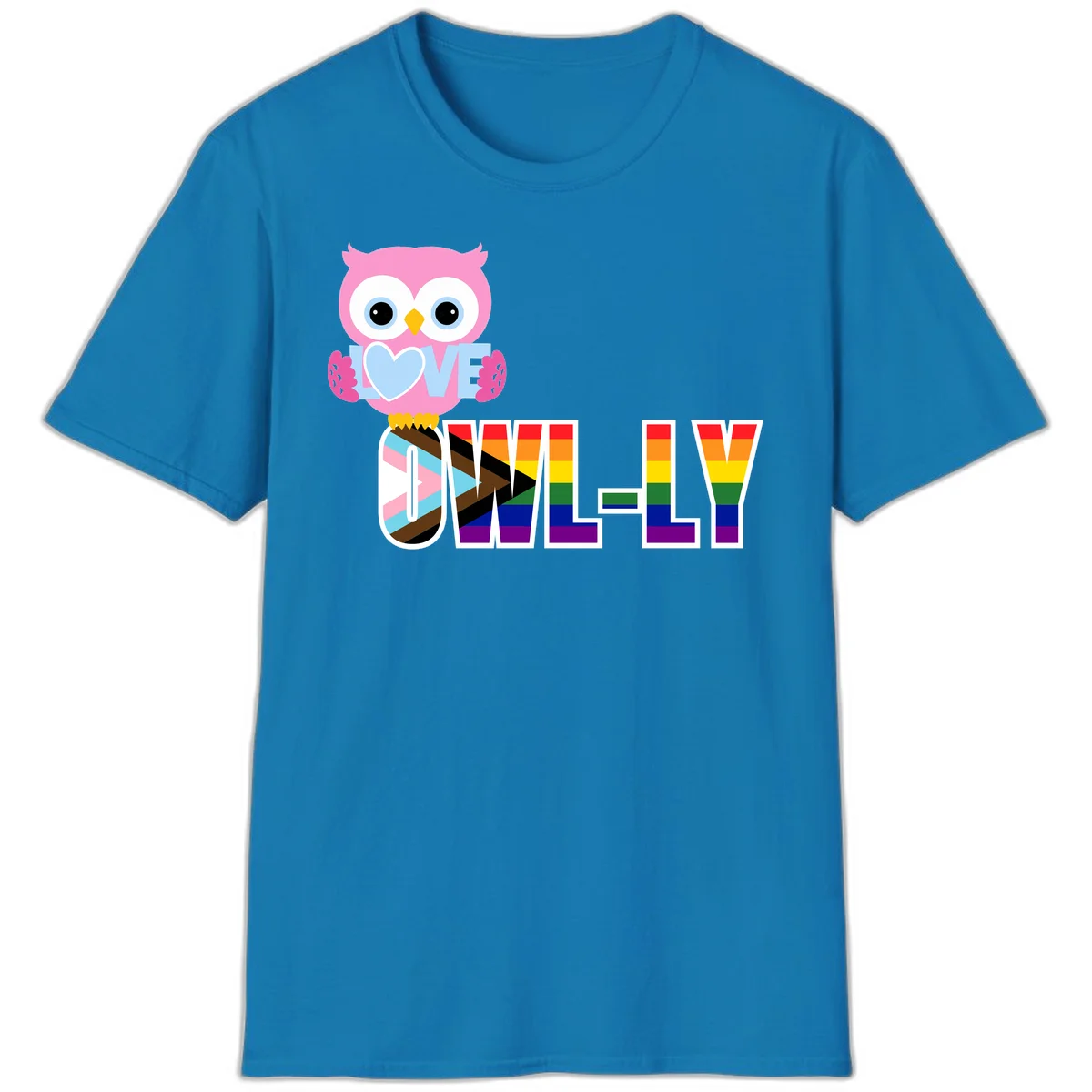 Pink owl holding a blue heart with 'OWELLY' text in rainbow pride flag colors in Sapphire