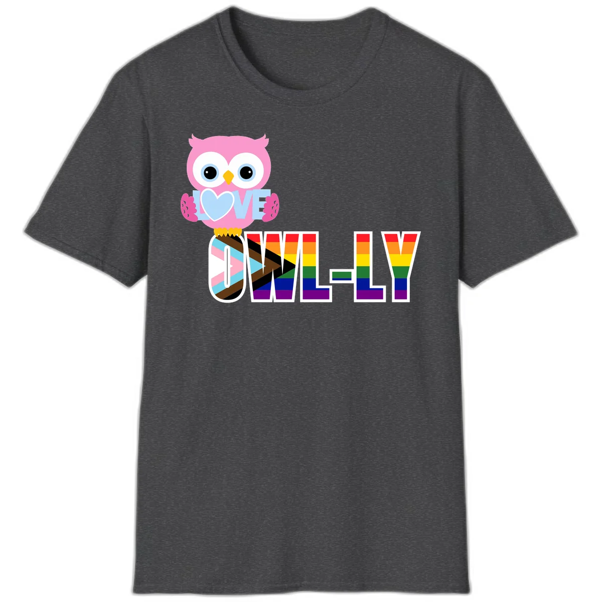 Pink owl holding a blue heart with 'OWELLY' text in rainbow pride flag colors in Dark Heather