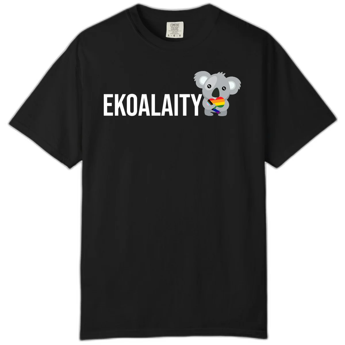 Gray koala holding a rainbow pride flag with 'EKOALITY' text, celebrating LGBTQ+ equality and inclusion in Black