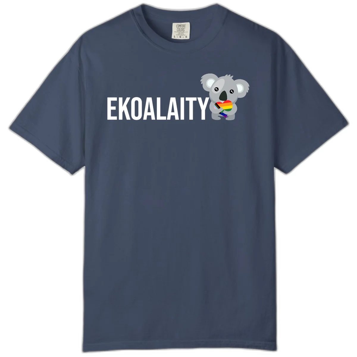 Gray koala holding a rainbow pride flag with 'EKOALITY' text, celebrating LGBTQ+ equality and inclusion in Midnight
