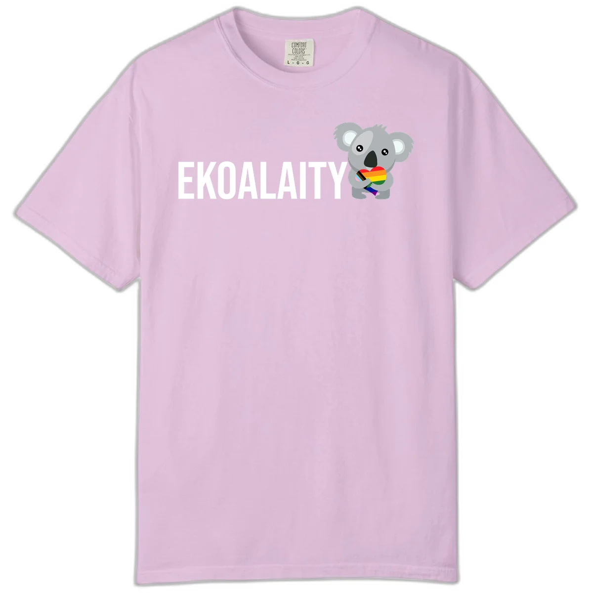 Gray koala holding a rainbow pride flag with 'EKOALITY' text, celebrating LGBTQ+ equality and inclusion in Orchid