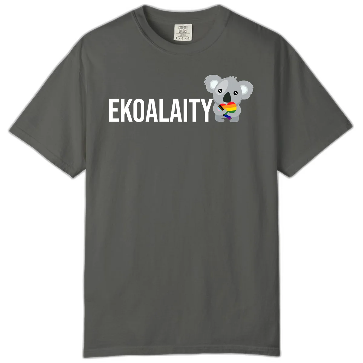 Gray koala holding a rainbow pride flag with 'EKOALITY' text, celebrating LGBTQ+ equality and inclusion in Pepper
