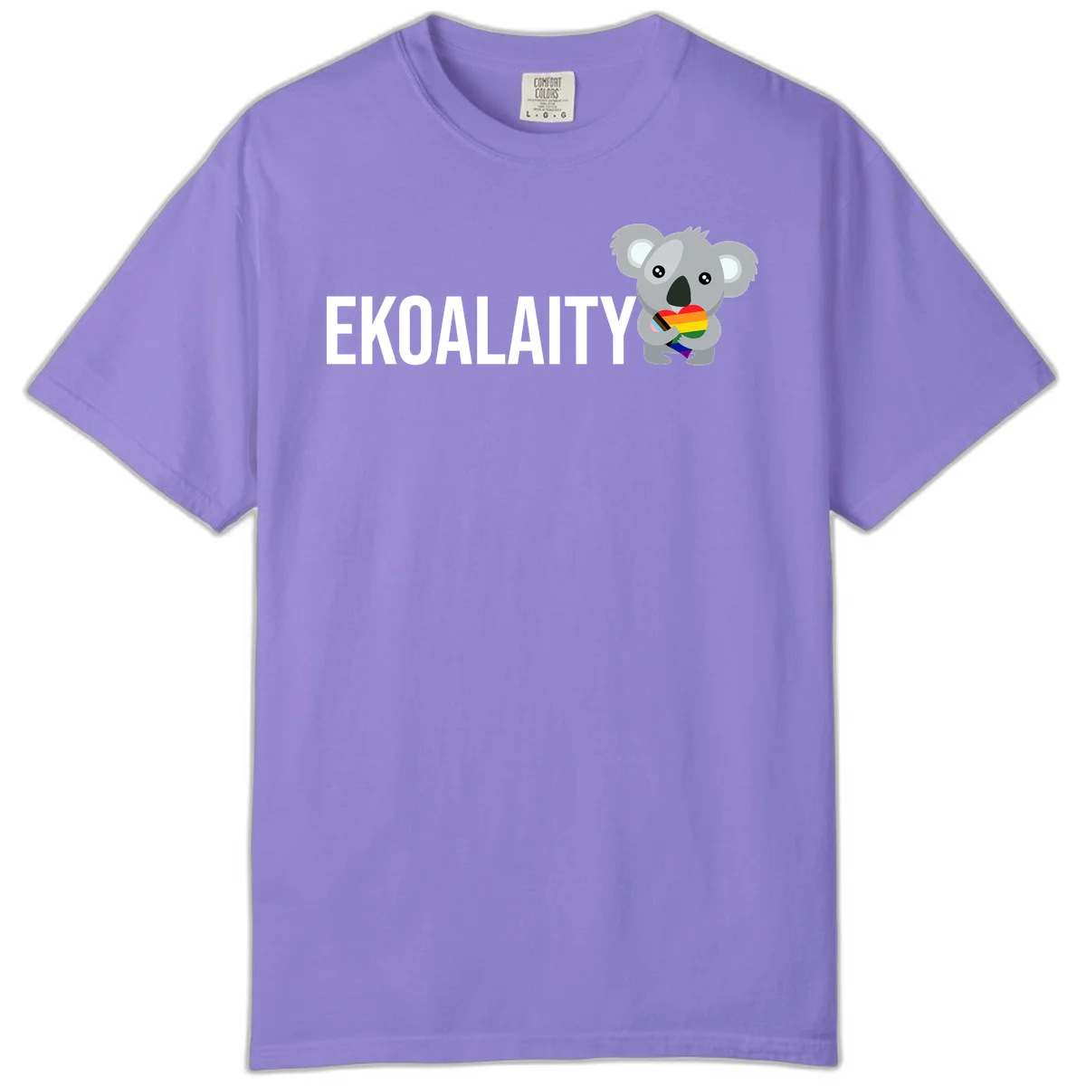 Gray koala holding a rainbow pride flag with 'EKOALITY' text, celebrating LGBTQ+ equality and inclusion in Violet