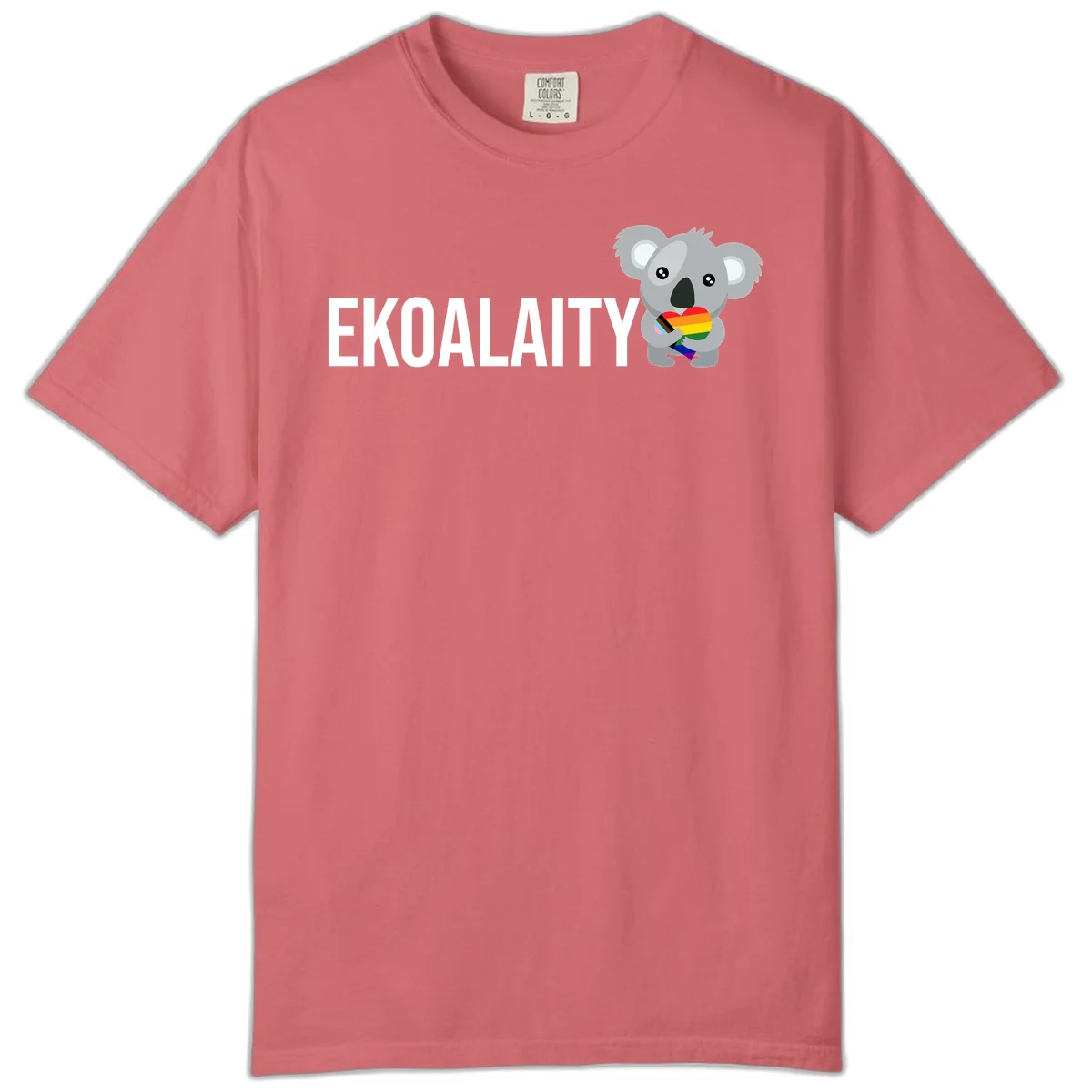 Gray koala holding a rainbow pride flag with 'EKOALITY' text, celebrating LGBTQ+ equality and inclusion in Watermelon