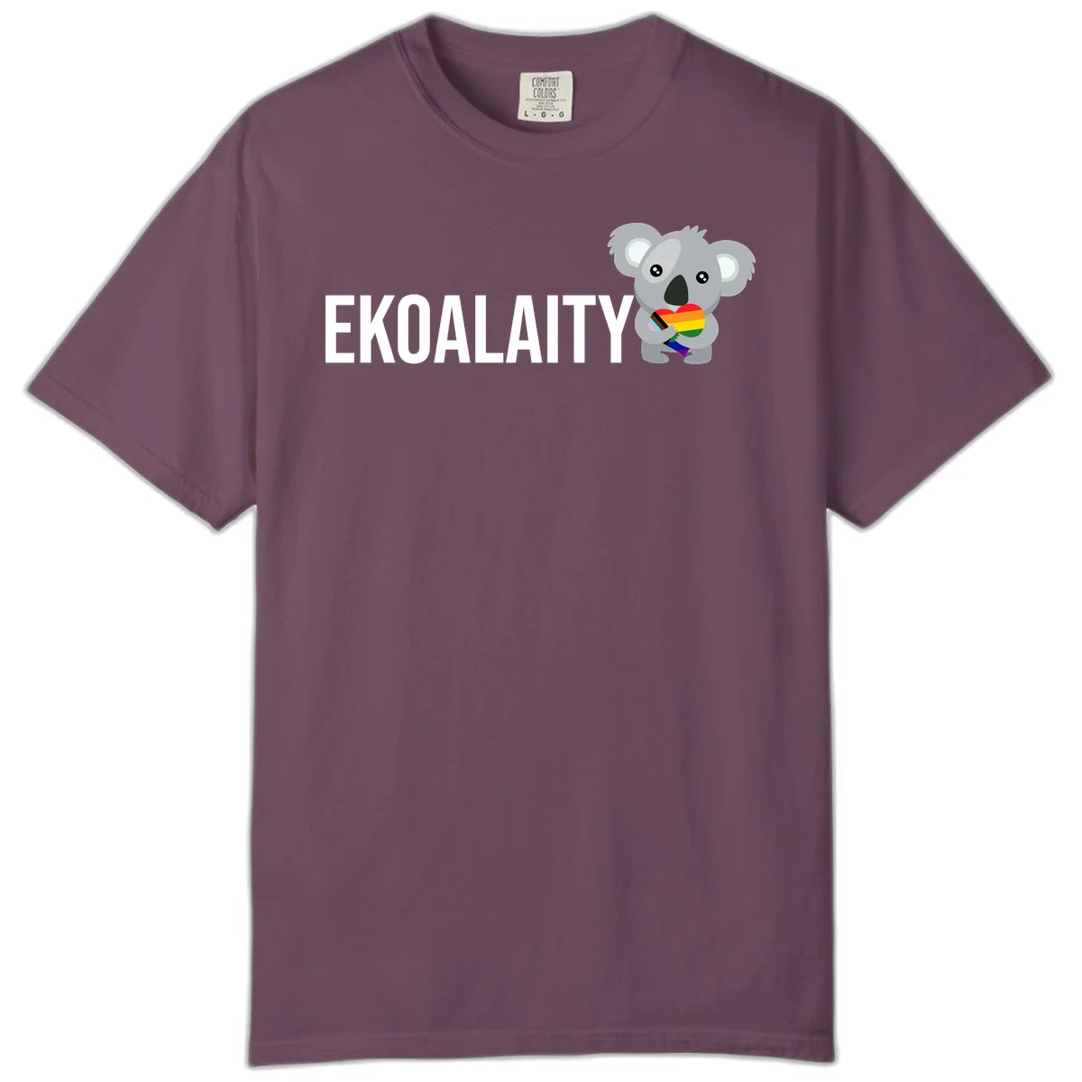 Gray koala holding a rainbow pride flag with 'EKOALITY' text, celebrating LGBTQ+ equality and inclusion in Berry