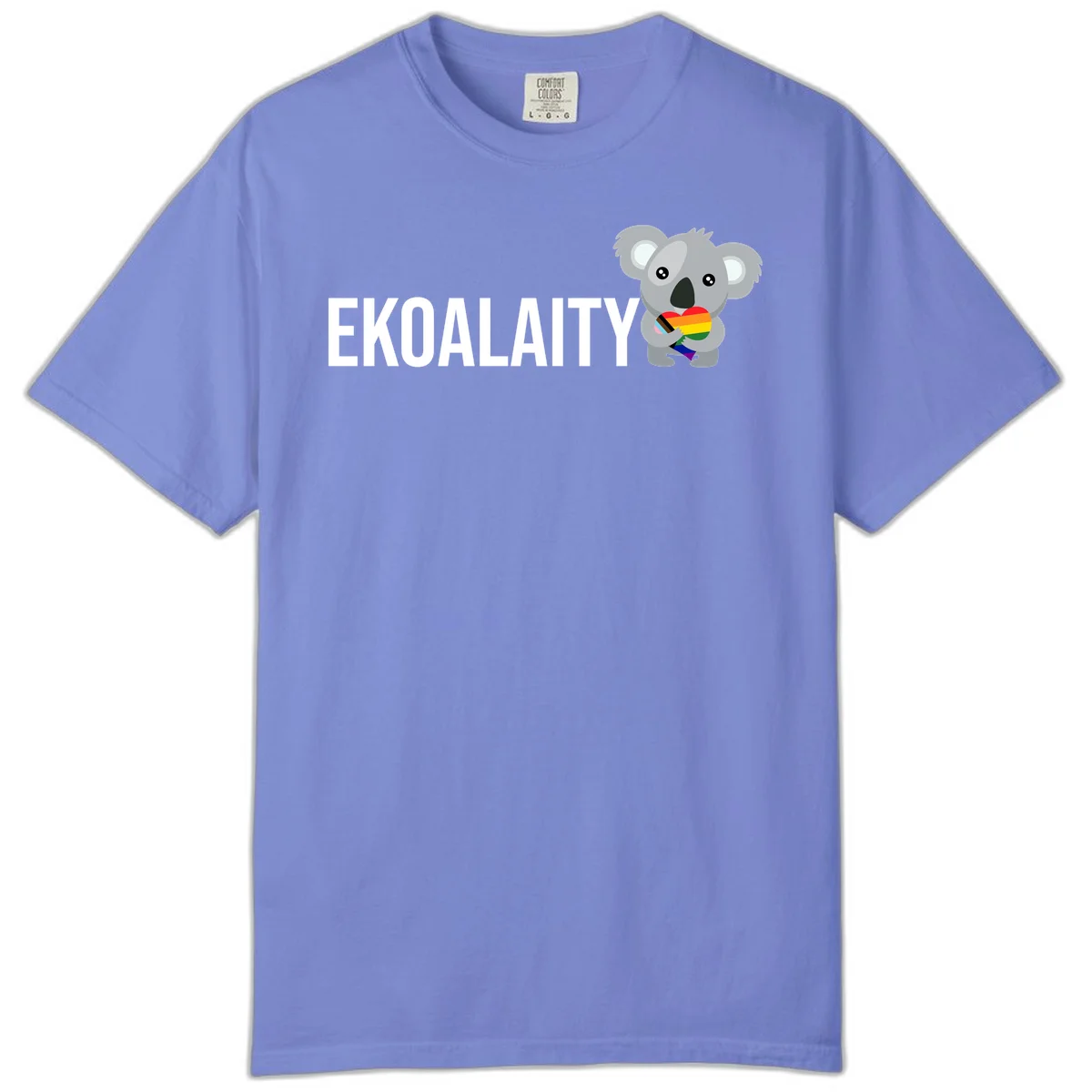 Gray koala holding a rainbow pride flag with 'EKOALITY' text, celebrating LGBTQ+ equality and inclusion in Flo Blue