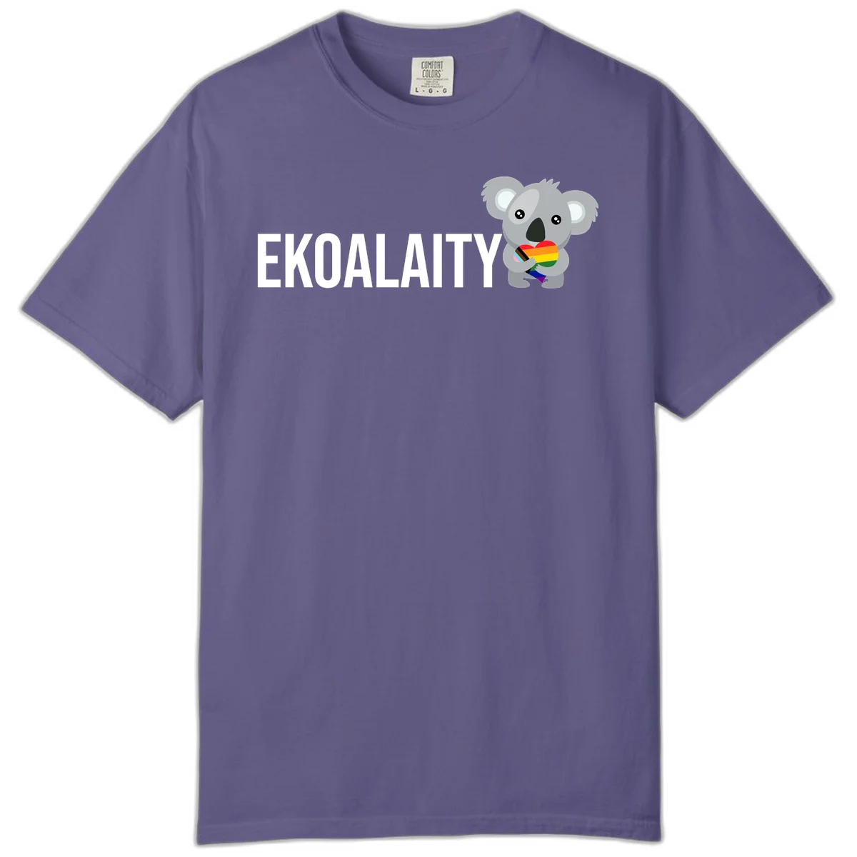 Gray koala holding a rainbow pride flag with 'EKOALITY' text, celebrating LGBTQ+ equality and inclusion in Grape
