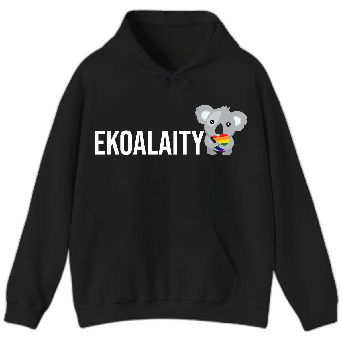 Gray koala holding a rainbow pride flag with 'EKOALITY' text, celebrating LGBTQ+ equality and inclusion in Black