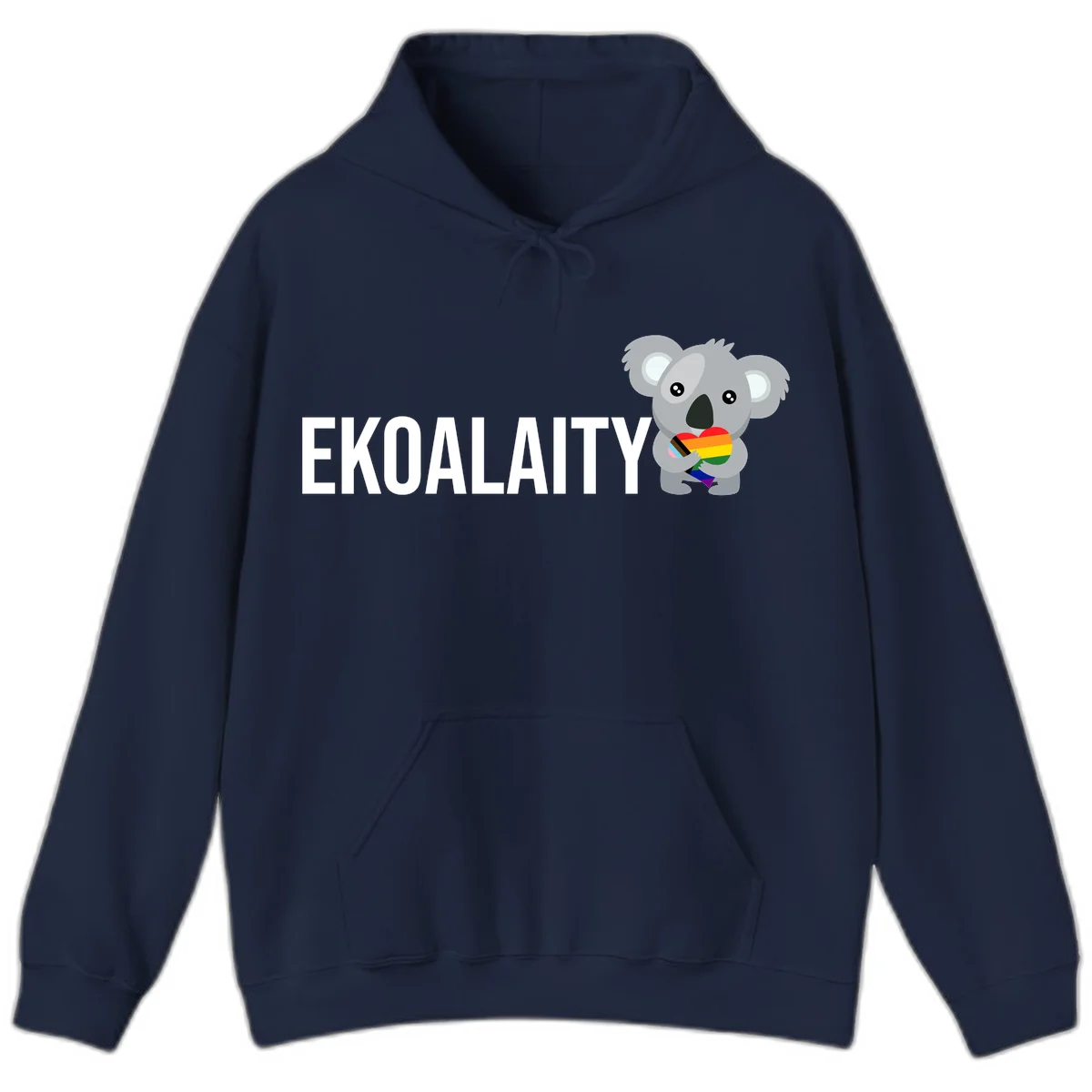Gray koala holding a rainbow pride flag with 'EKOALITY' text, celebrating LGBTQ+ equality and inclusion in Navy