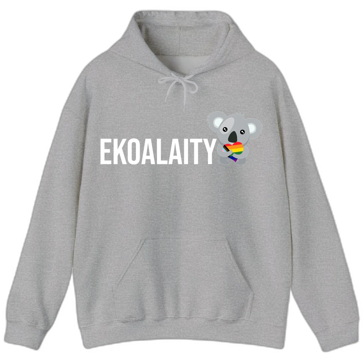 Gray koala holding a rainbow pride flag with 'EKOALITY' text, celebrating LGBTQ+ equality and inclusion in Sport Grey