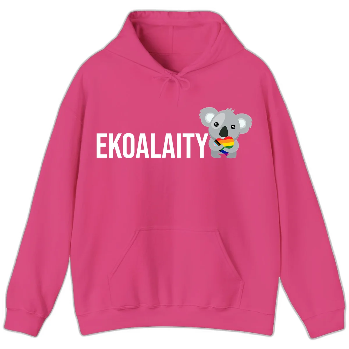 Gray koala holding a rainbow pride flag with 'EKOALITY' text, celebrating LGBTQ+ equality and inclusion in Heliconia