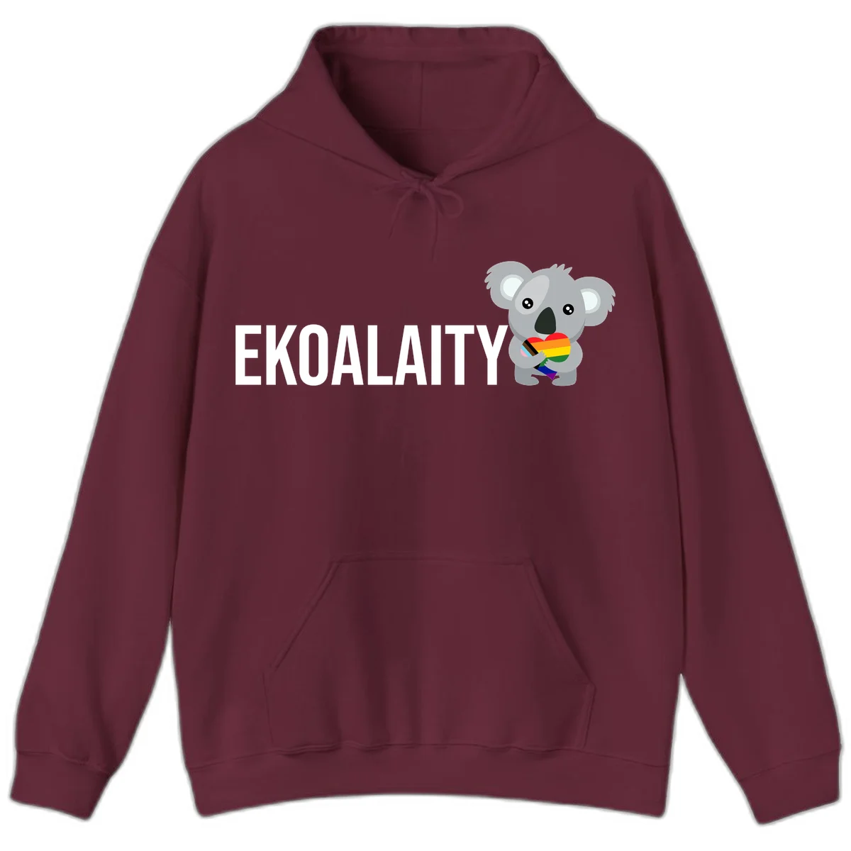 Gray koala holding a rainbow pride flag with 'EKOALITY' text, celebrating LGBTQ+ equality and inclusion in Maroon
