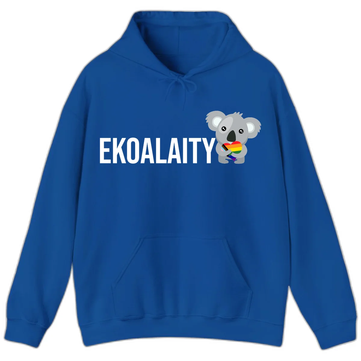 Gray koala holding a rainbow pride flag with 'EKOALITY' text, celebrating LGBTQ+ equality and inclusion in Royal