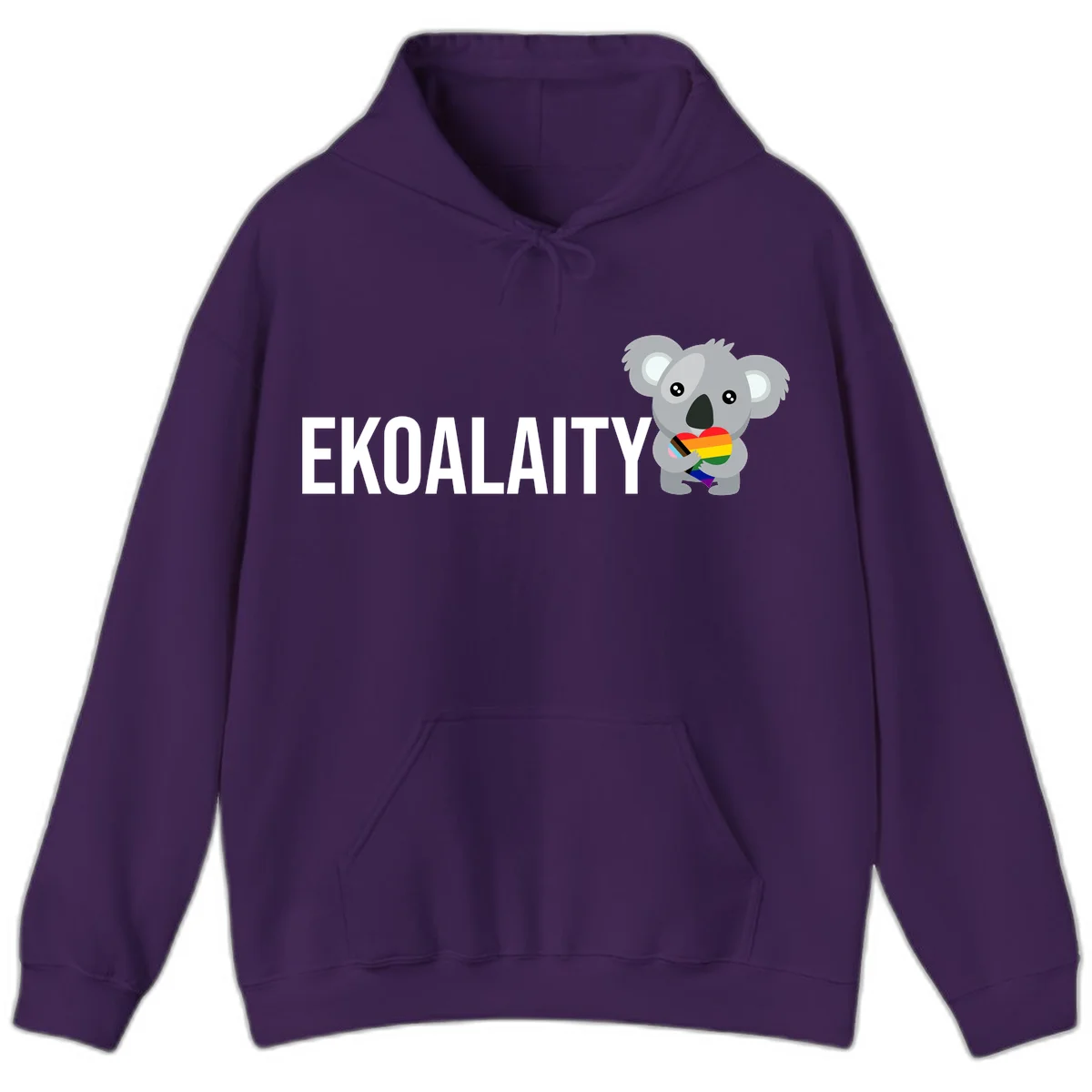 Gray koala holding a rainbow pride flag with 'EKOALITY' text, celebrating LGBTQ+ equality and inclusion in Purple