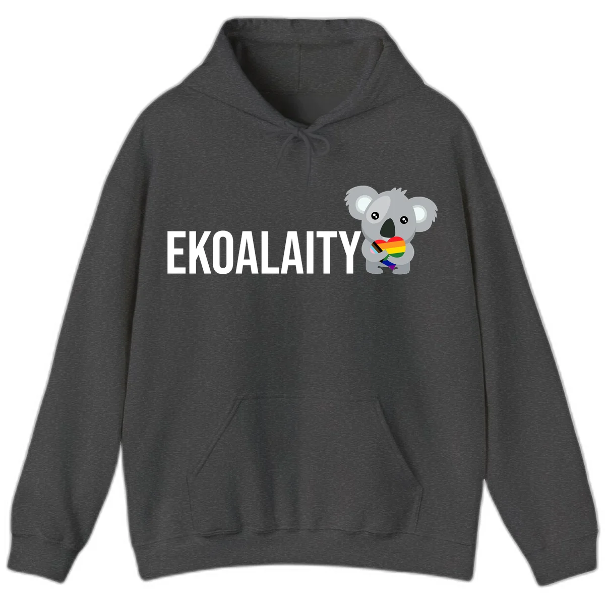 Gray koala holding a rainbow pride flag with 'EKOALITY' text, celebrating LGBTQ+ equality and inclusion in Dark Heather