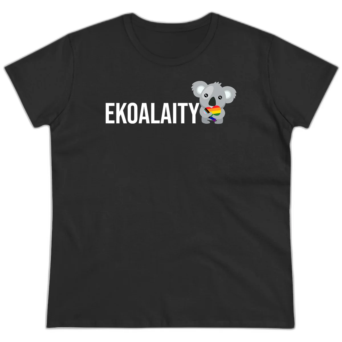 Gray koala holding a rainbow pride flag with 'EKOALITY' text, celebrating LGBTQ+ equality and inclusion in Black