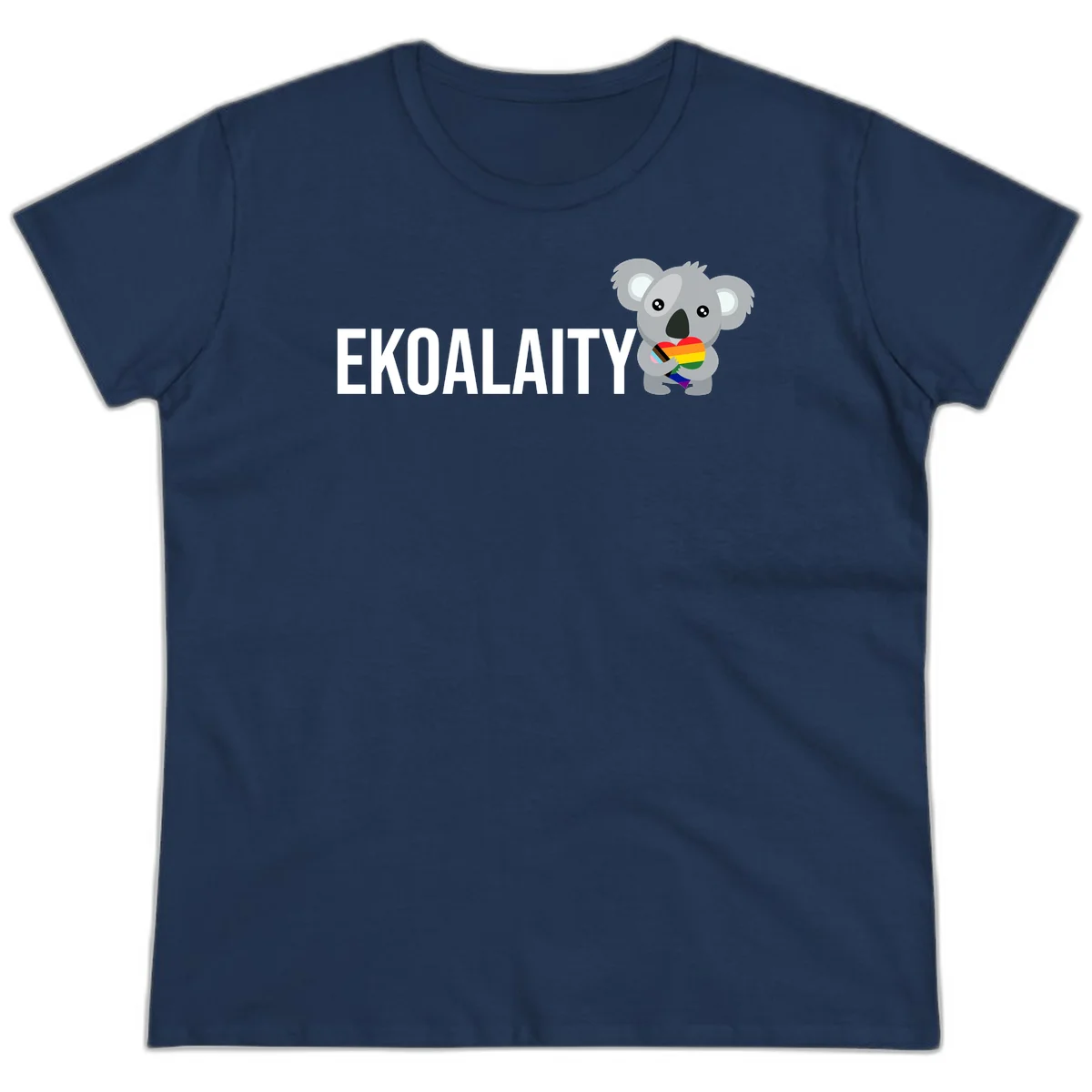 Gray koala holding a rainbow pride flag with 'EKOALITY' text, celebrating LGBTQ+ equality and inclusion in Navy