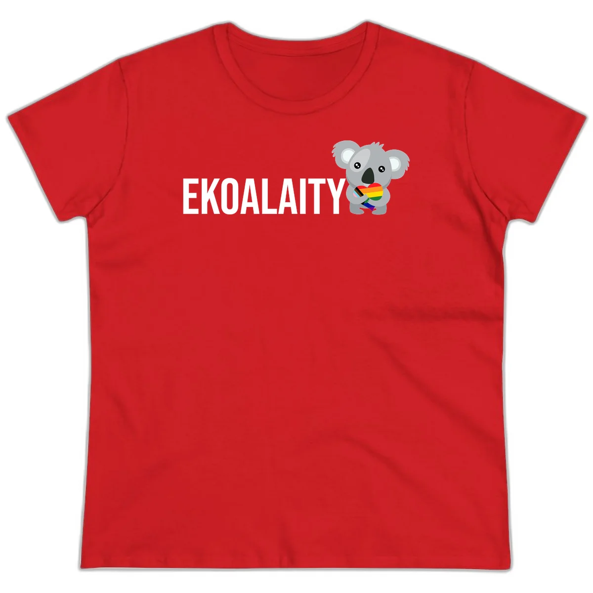 Gray koala holding a rainbow pride flag with 'EKOALITY' text, celebrating LGBTQ+ equality and inclusion in Red