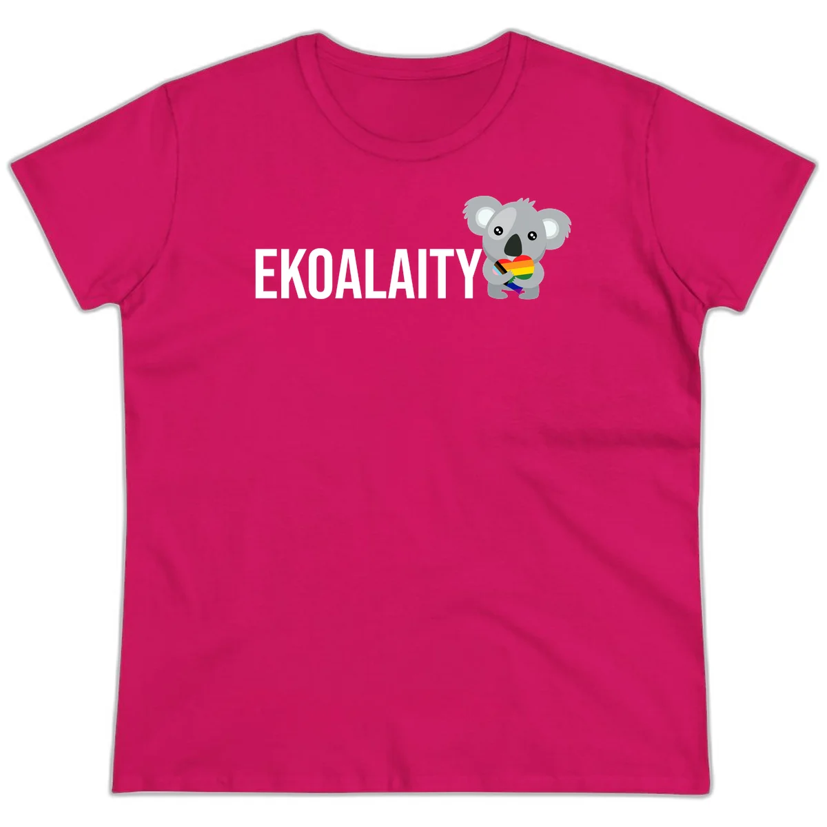 Gray koala holding a rainbow pride flag with 'EKOALITY' text, celebrating LGBTQ+ equality and inclusion in Heliconia