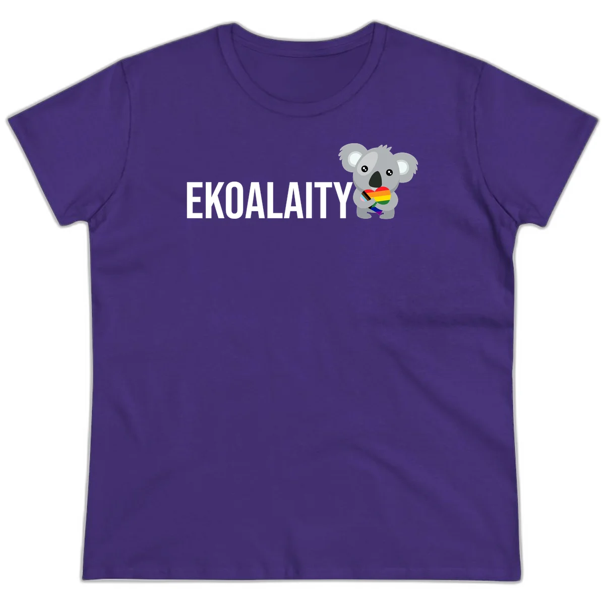Gray koala holding a rainbow pride flag with 'EKOALITY' text, celebrating LGBTQ+ equality and inclusion in Purple