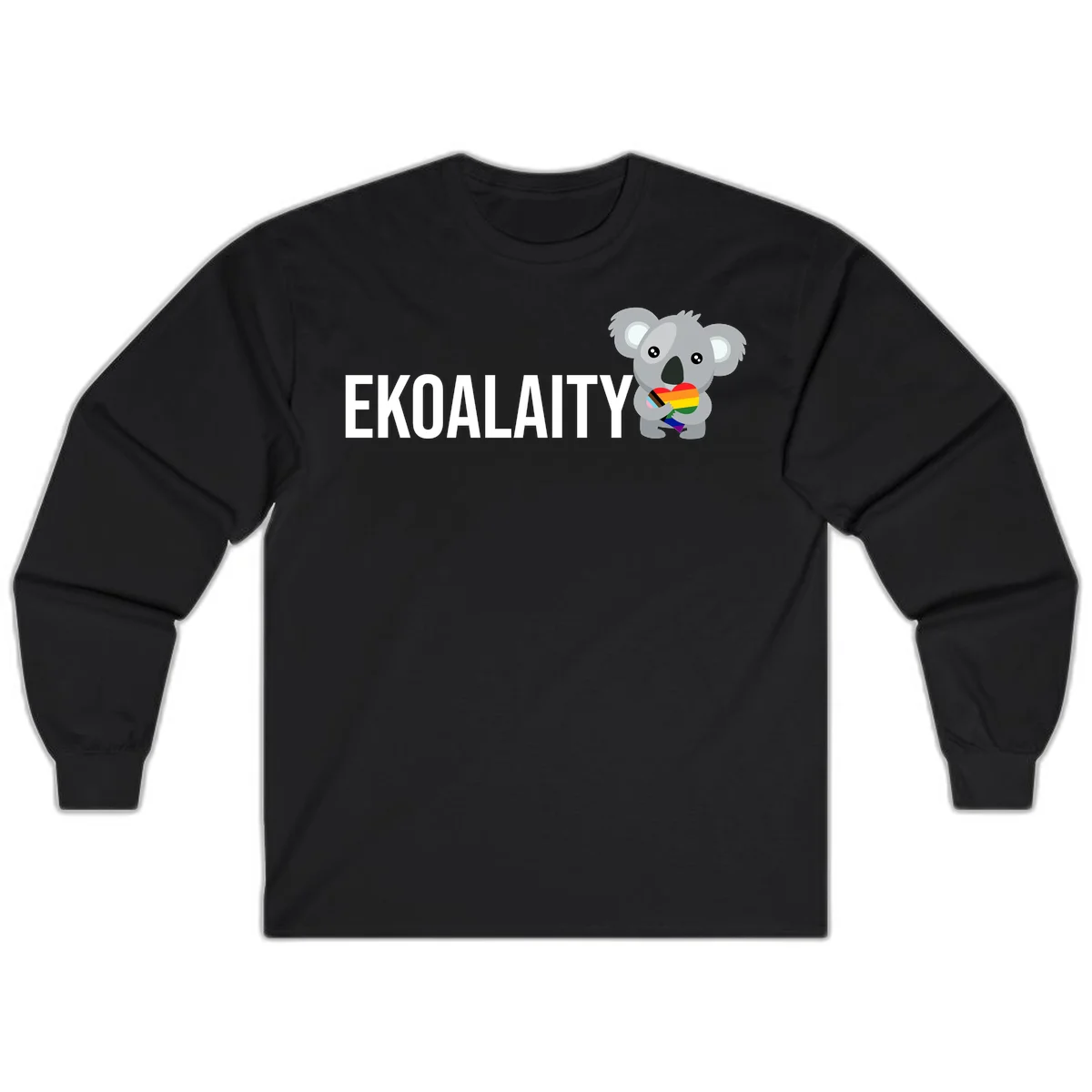 Gray koala holding a rainbow pride flag with 'EKOALITY' text, celebrating LGBTQ+ equality and inclusion in Black