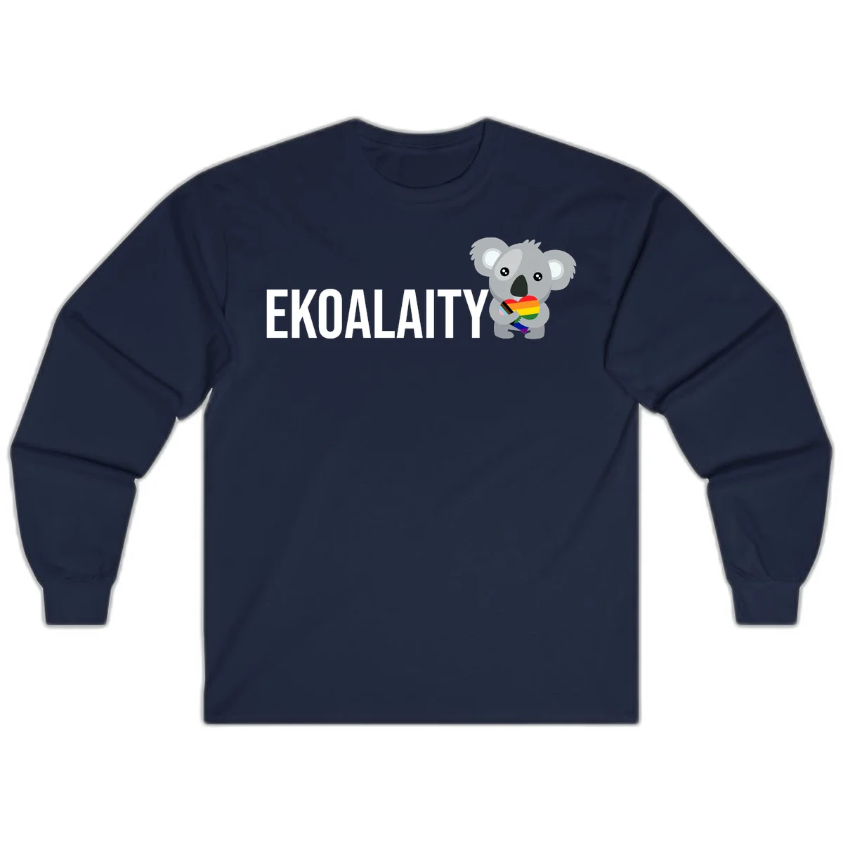 Gray koala holding a rainbow pride flag with 'EKOALITY' text, celebrating LGBTQ+ equality and inclusion in Navy