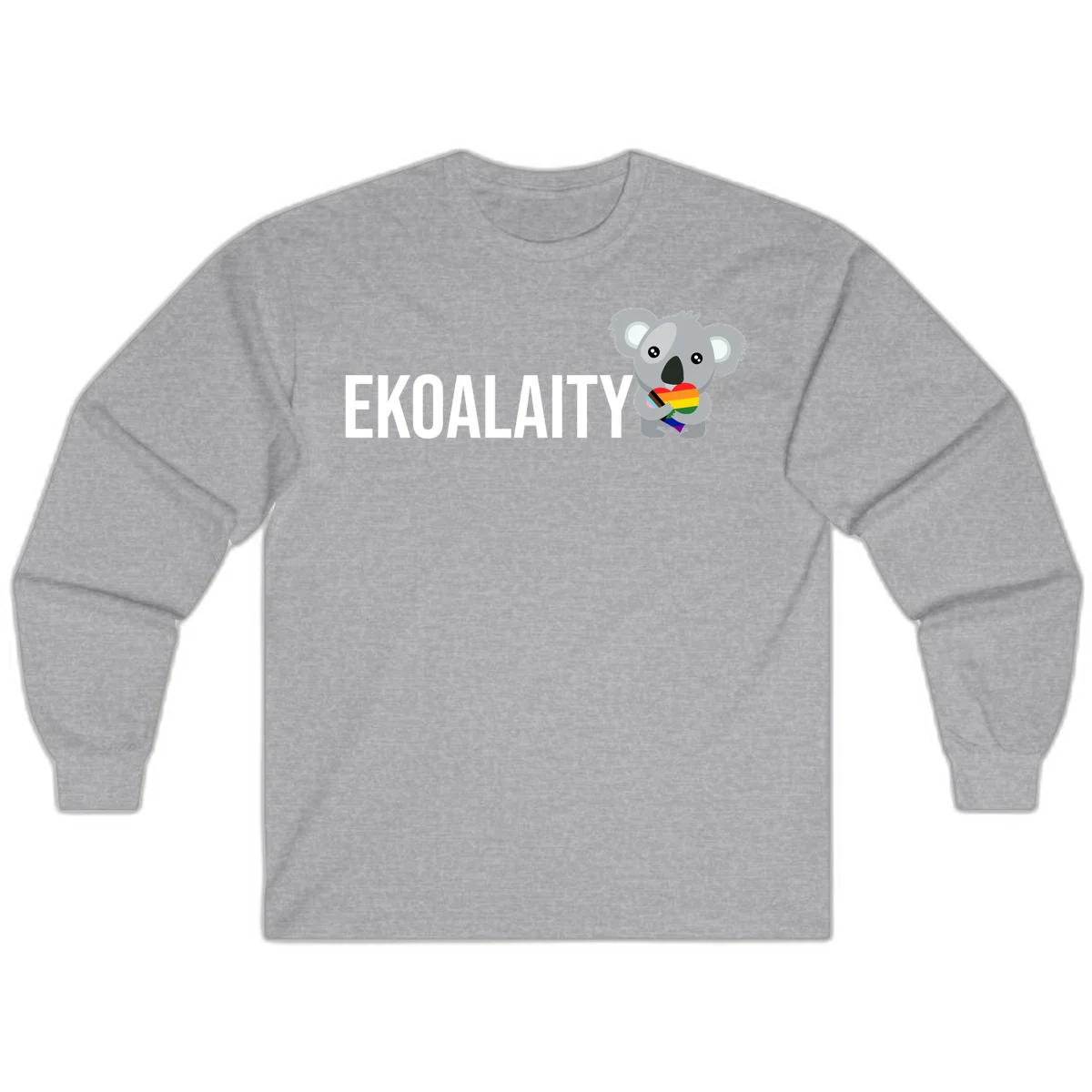 Gray koala holding a rainbow pride flag with 'EKOALITY' text, celebrating LGBTQ+ equality and inclusion in Sport Grey