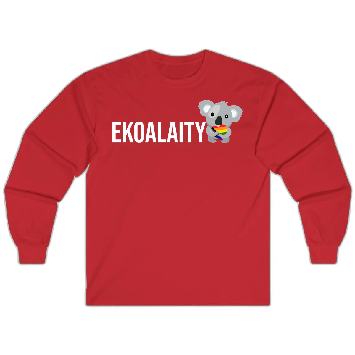Gray koala holding a rainbow pride flag with 'EKOALITY' text, celebrating LGBTQ+ equality and inclusion in Red