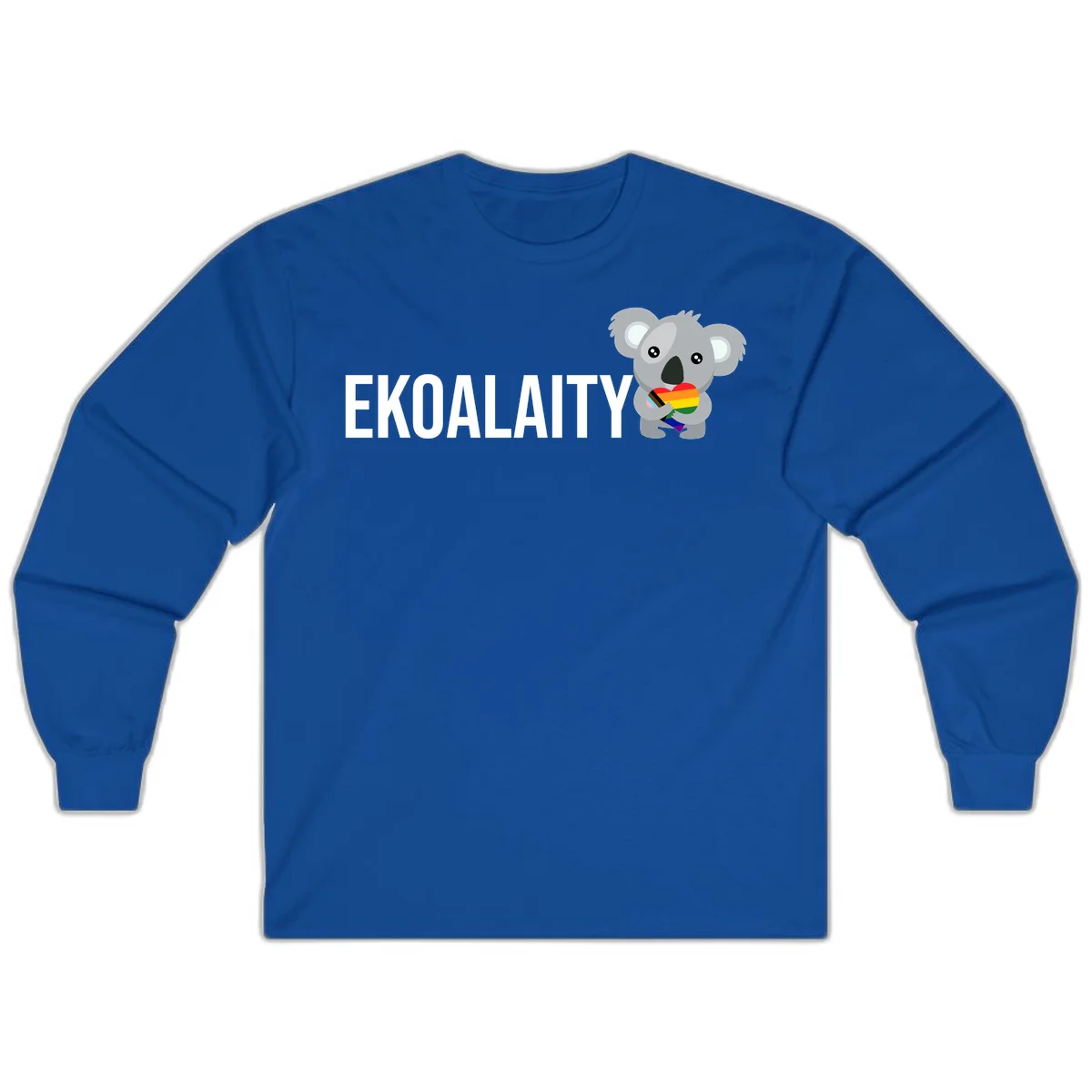 Gray koala holding a rainbow pride flag with 'EKOALITY' text, celebrating LGBTQ+ equality and inclusion in Royal