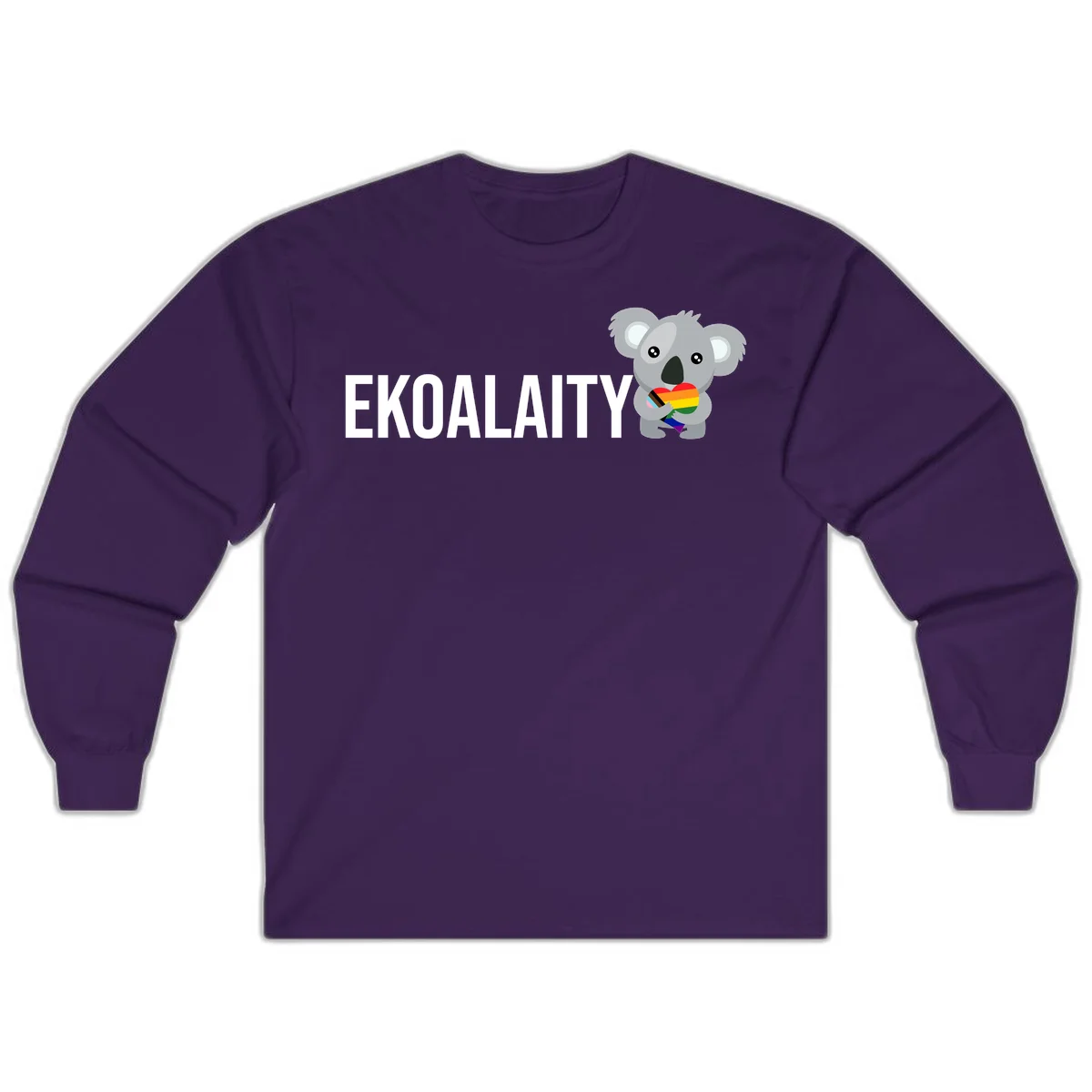 Gray koala holding a rainbow pride flag with 'EKOALITY' text, celebrating LGBTQ+ equality and inclusion in Purple