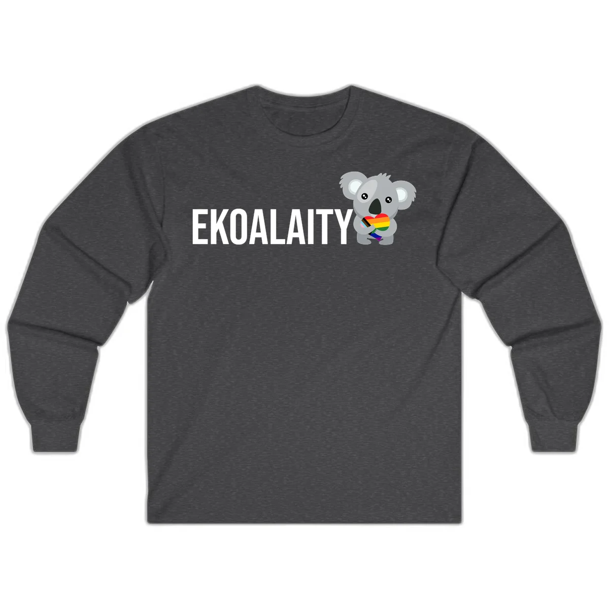 Gray koala holding a rainbow pride flag with 'EKOALITY' text, celebrating LGBTQ+ equality and inclusion in Dark Heather