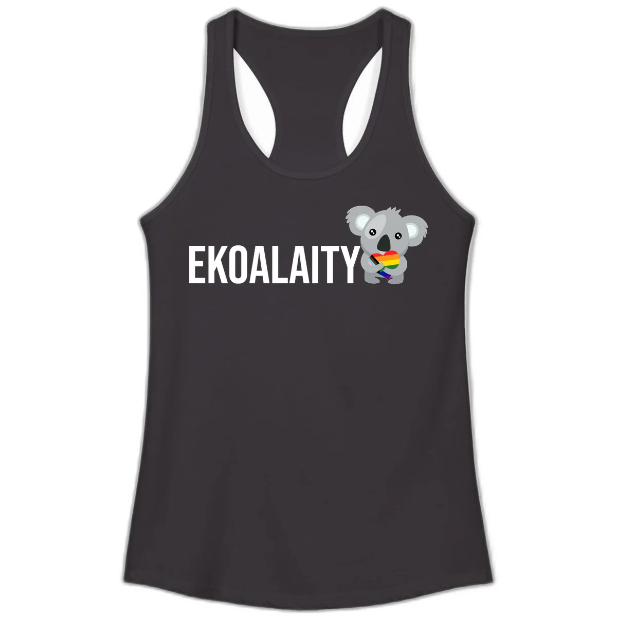 Gray koala holding a rainbow pride flag with 'EKOALITY' text, celebrating LGBTQ+ equality and inclusion in Black
