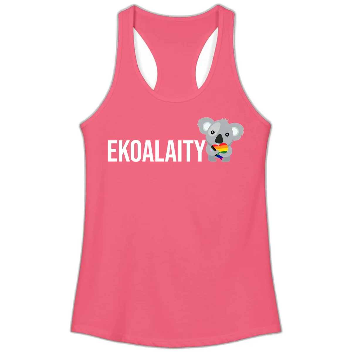 Gray koala holding a rainbow pride flag with 'EKOALITY' text, celebrating LGBTQ+ equality and inclusion in Hot Pink