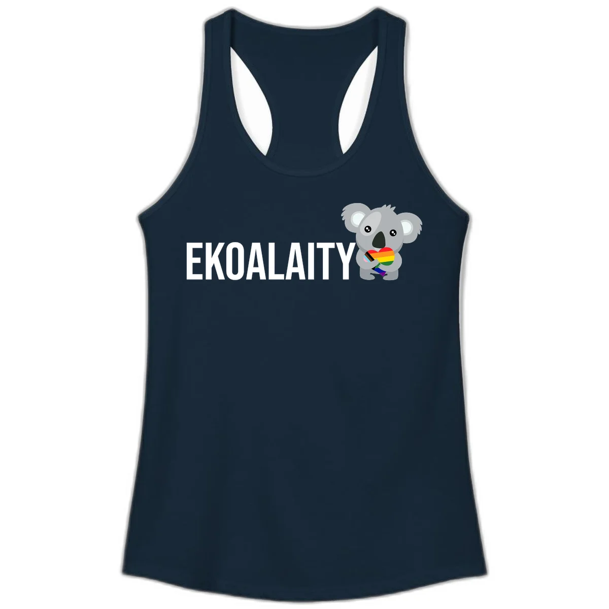 Gray koala holding a rainbow pride flag with 'EKOALITY' text, celebrating LGBTQ+ equality and inclusion in Solid Midnight Navy
