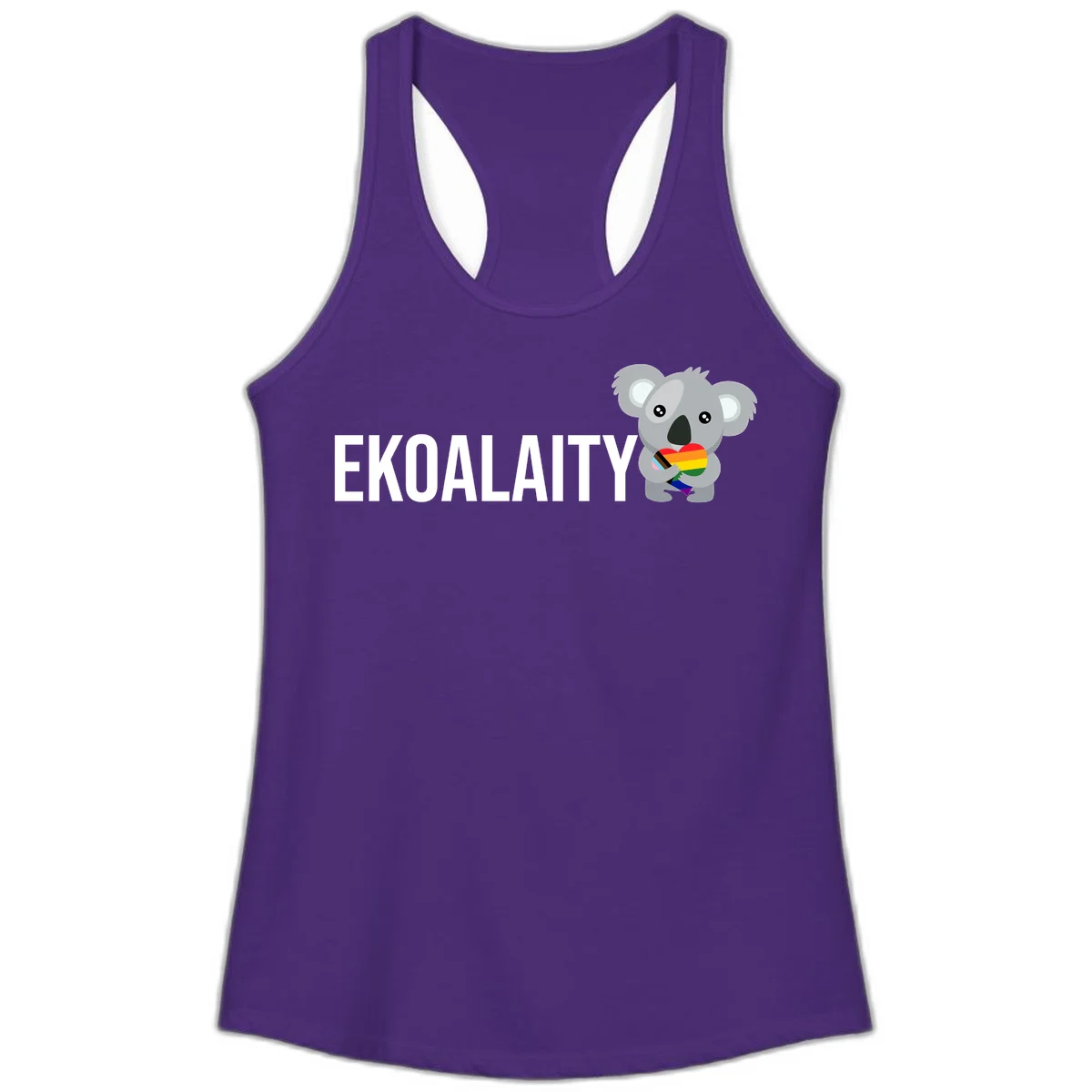 Gray koala holding a rainbow pride flag with 'EKOALITY' text, celebrating LGBTQ+ equality and inclusion in Solid Purple Rush