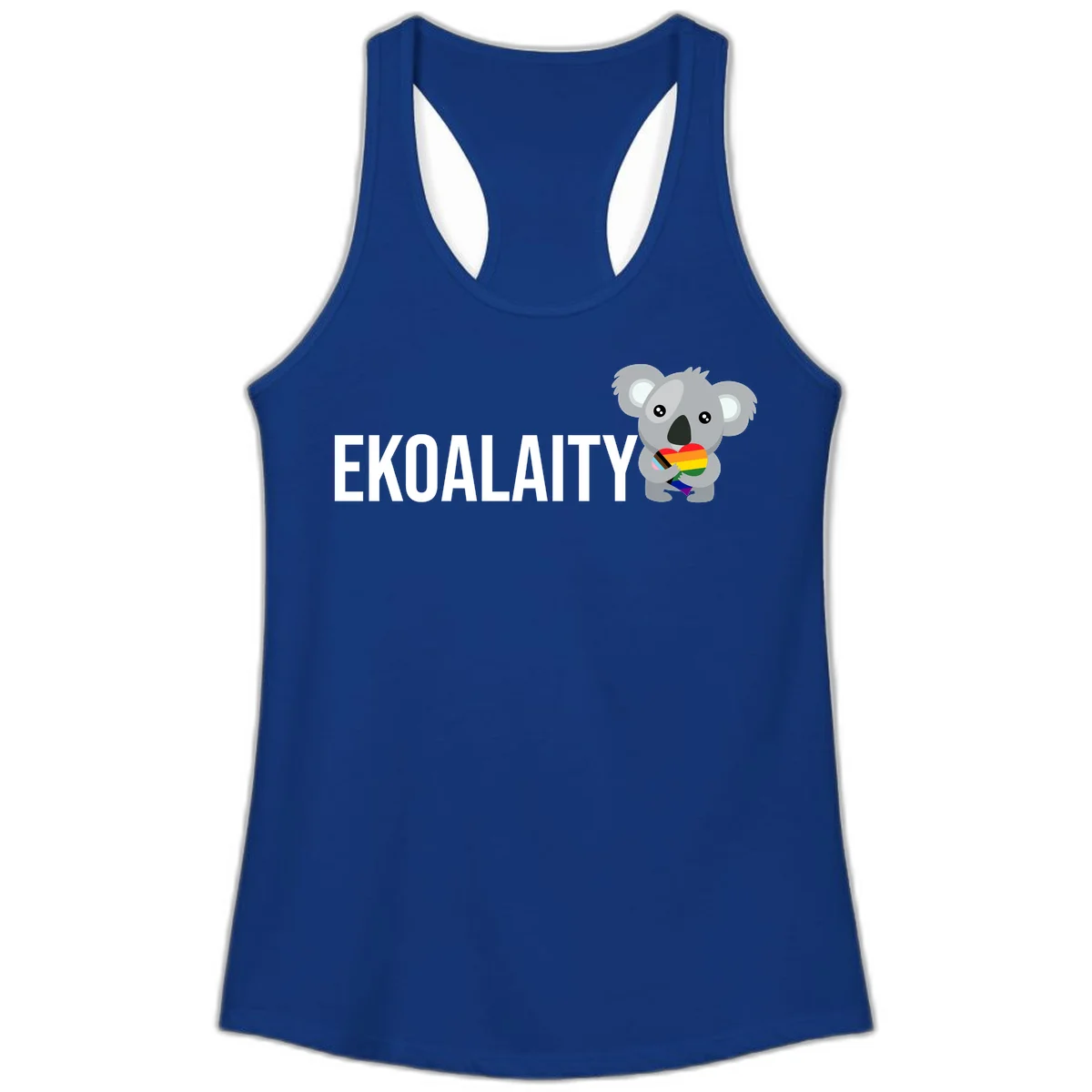 Gray koala holding a rainbow pride flag with 'EKOALITY' text, celebrating LGBTQ+ equality and inclusion in Solid Royal