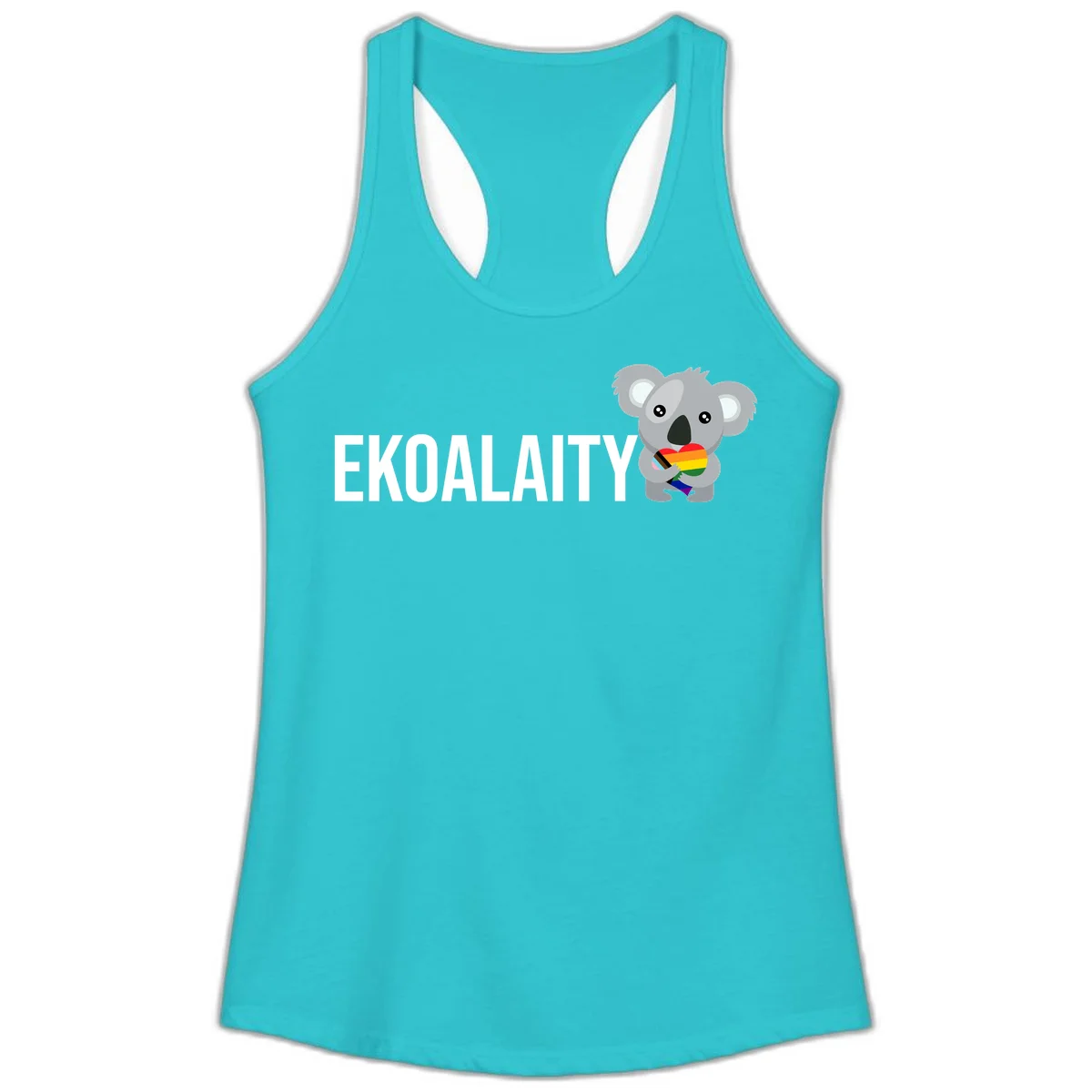 Gray koala holding a rainbow pride flag with 'EKOALITY' text, celebrating LGBTQ+ equality and inclusion in Solid Tahiti Blue